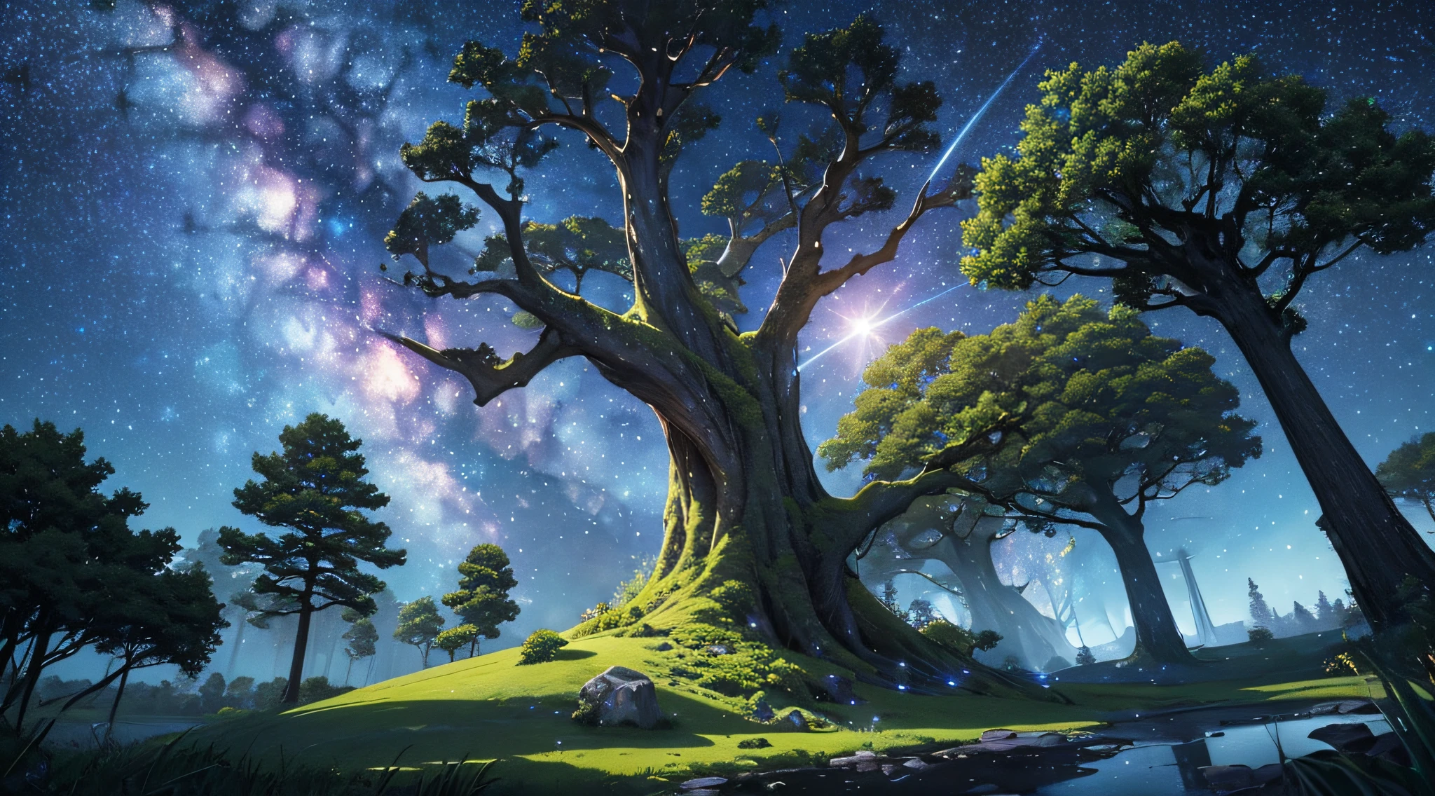 masterpiece、Background with((Fantastic starry sky、meteors、black hole))、Depth((Huge fantastic tree、Luminescent vegetation))、Looking up