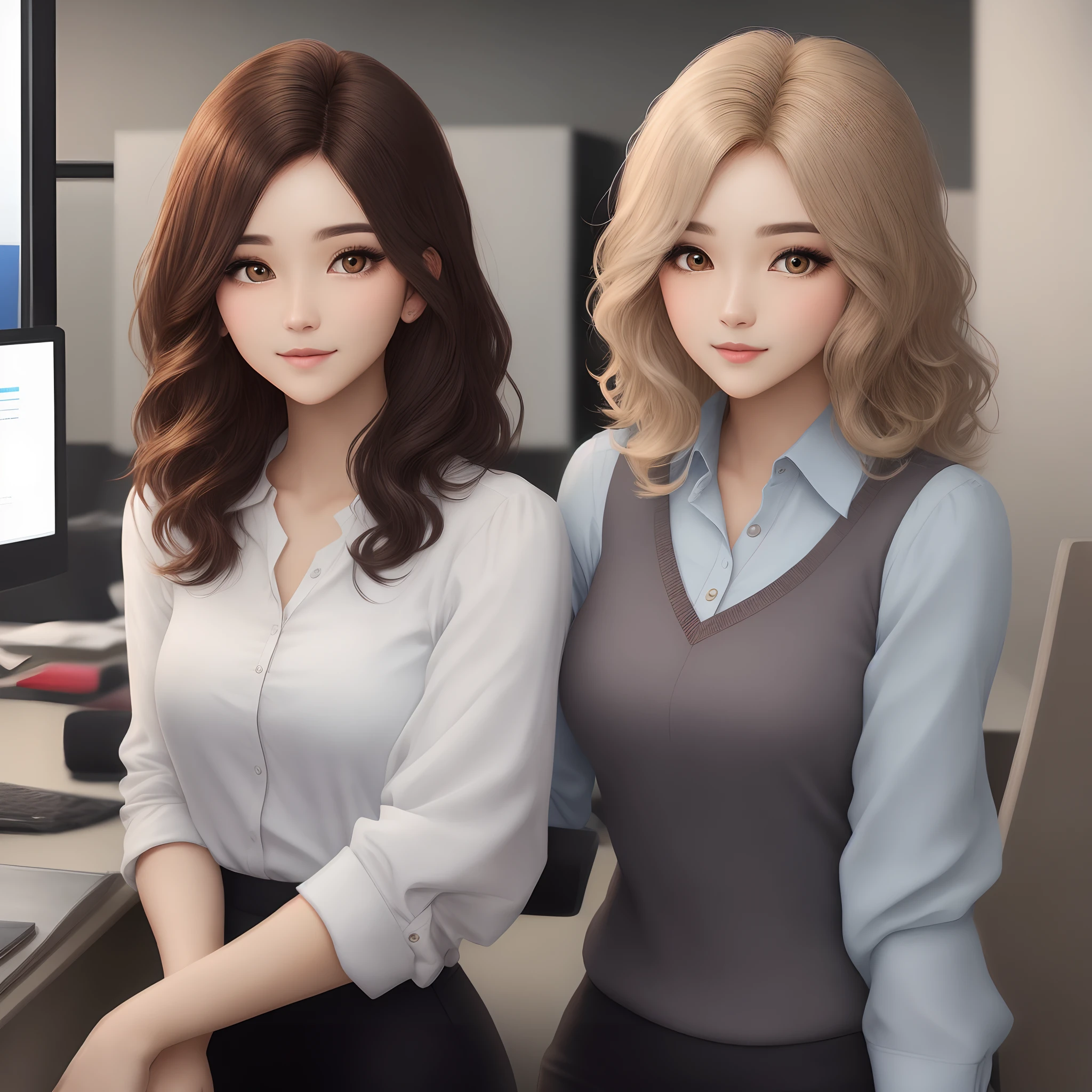 Female, Medium hair length, tall and skinny, Indian, ombre hair color, hazel eye color, hair type defined waves, high nose, office wear, no bangs