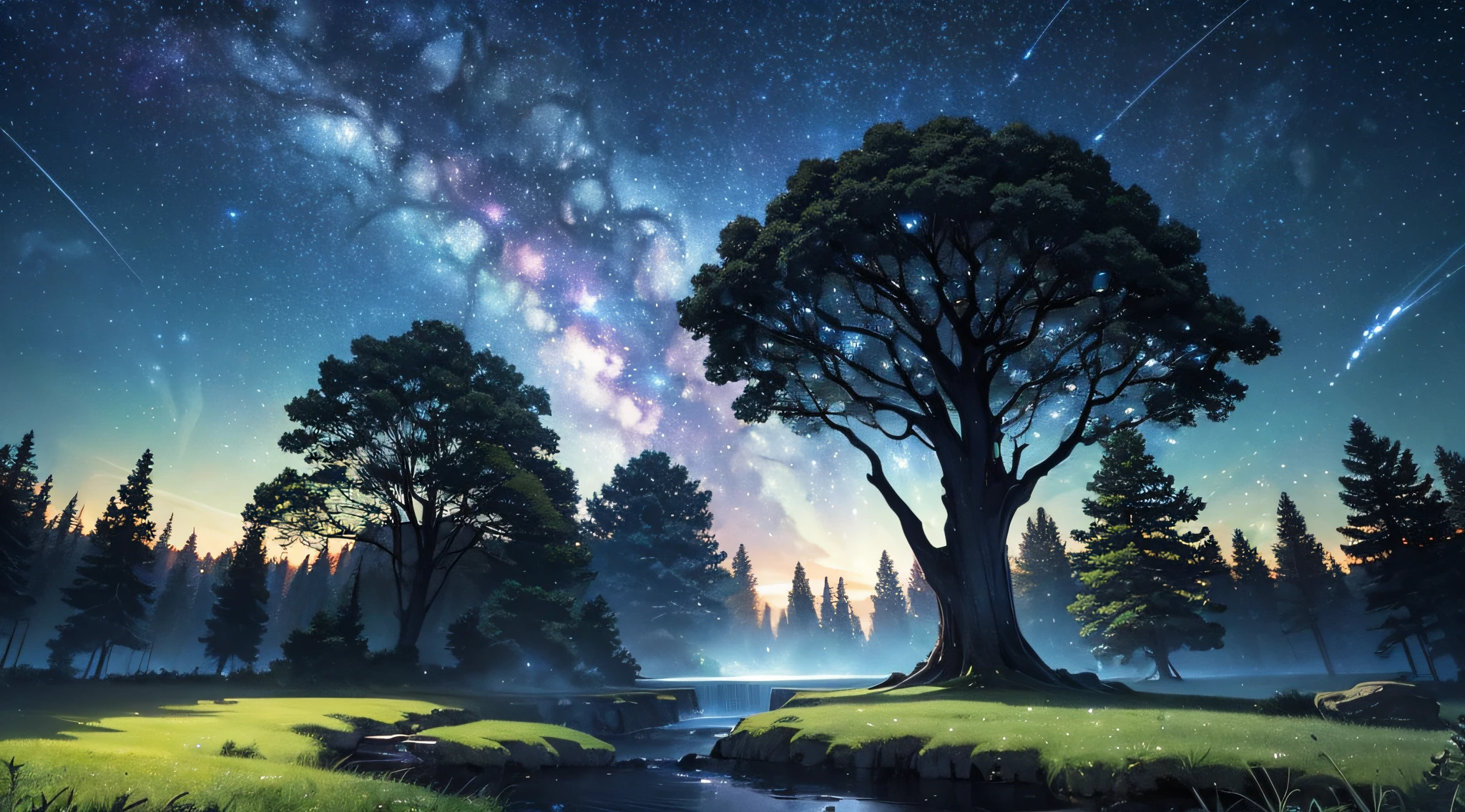 ​masterpiece、Background with((Fantastic starry sky、meteors、black hole))、Depth((Huge fantastic tree、Luminescent vegetation))、Looking up