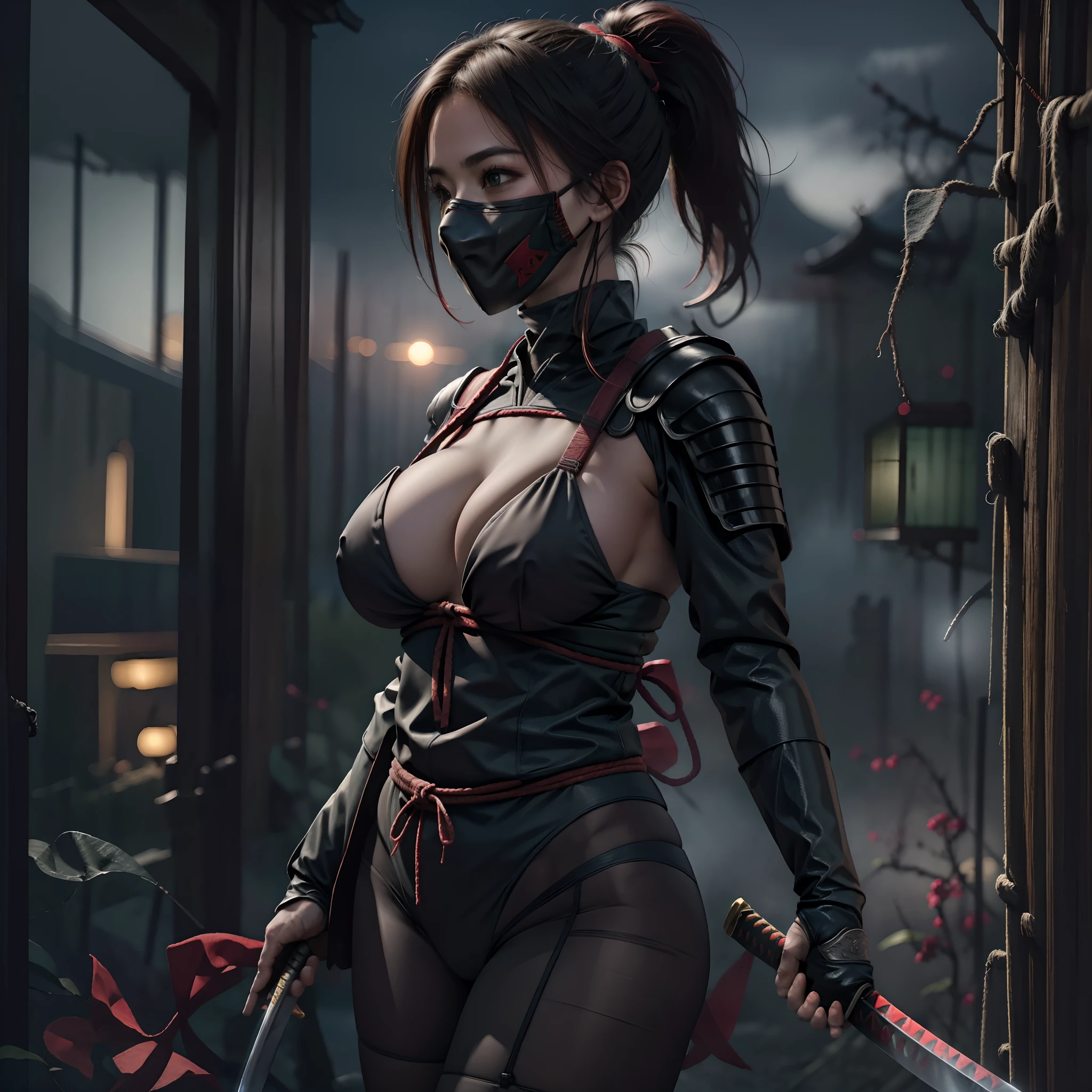 8K raw photo, Best quality, masterpiece, ultra high res, 1girl, sexy, ultra huge breast, (ninja, mask:1.1, armor, ninja clothes, open chest, holding katana), high ponytail, detailed face, in abandoned Japanese castle,