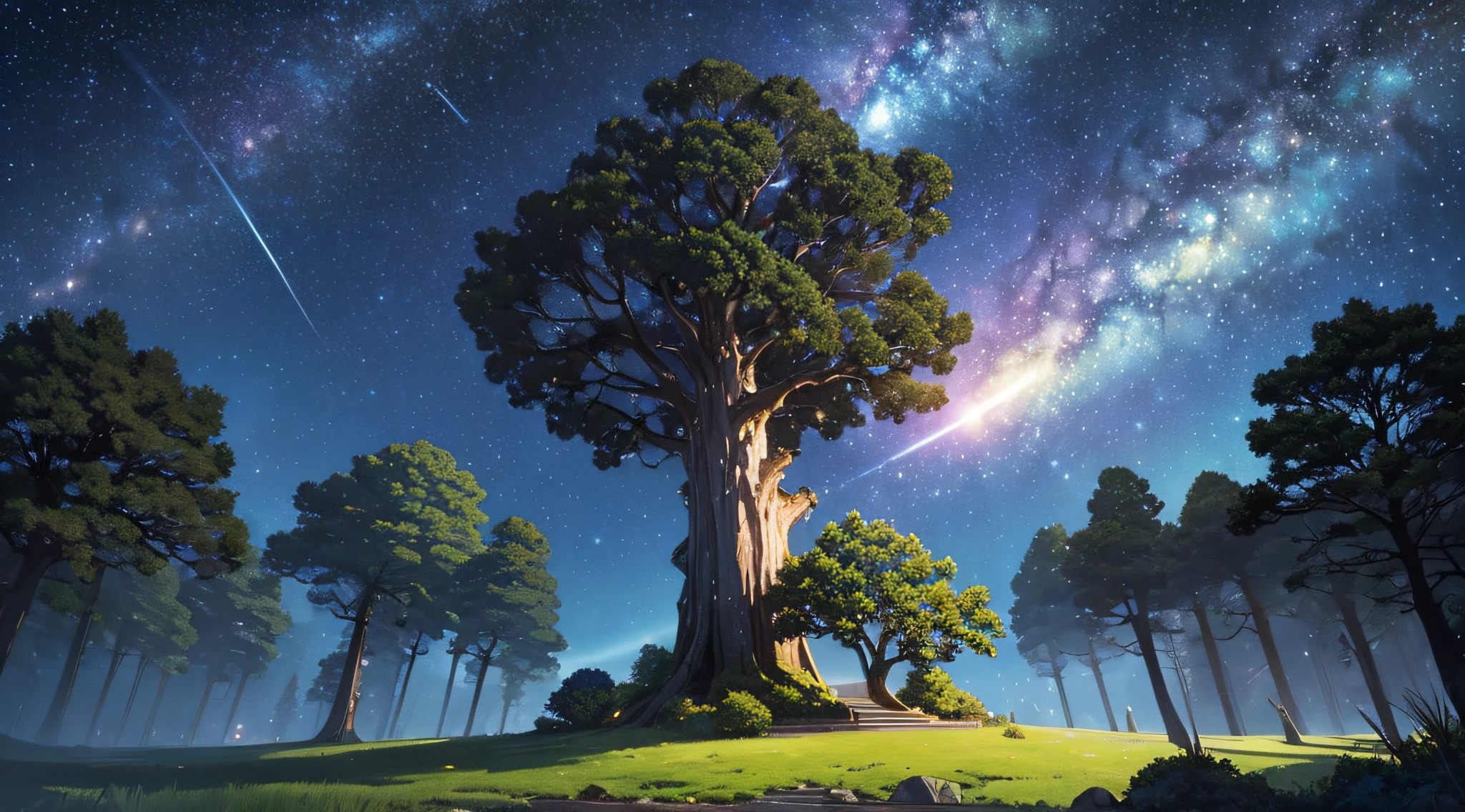 masterpiece、Background with((Fantastic starry sky、meteors、black hole))、Depth((Huge fantastic tree、Luminescent vegetation))、Looking up