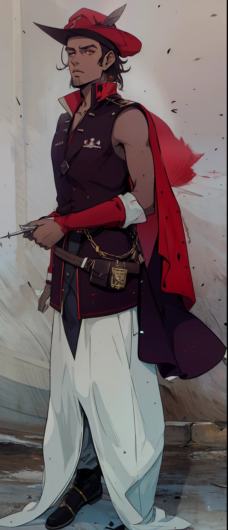 Homen , pirata, pele marron, jaqueta vermelha, Red hat with a feather