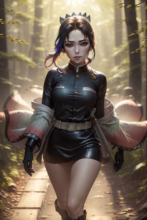 (masterpiece: 1.2), (best quality: 1.2), (highly detailed: 1.3), (intricate detail), highres, best illustration, perfect lighting, forest, warm colors, sunlight, sunrays in forest, warrior monsters, wind breeze, full body, full body shot, perfect face details, detailed eyes, detailed background, realistic photo, (sharp focus: 1.2), ((looking at camera: 1.2)), solo, 1 girl, ninja woman, oni mask ninja, mouth mask, perfect human anatomy, perfect legs, perfect arms, perfect face, ((realistic hands: 1.3)) long platinum hair, crown braid in hair, female clothing, sexy ninja outfit, little armor, leather skirt, feel garter, black gloves with gold accents, flashy neckline, seductive appearance, sexy body lines, human hands, attractive female body, (stylish and sexy ninja uniform: 1.2), female boot, hard , woman with closed mouth, green iris, looking at viewer, perfect lighting, epic realism