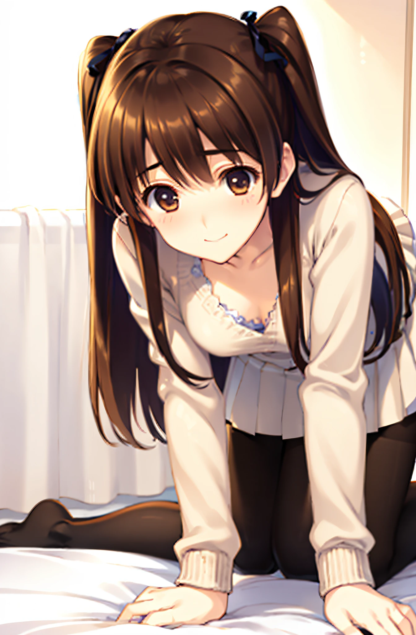 Best Quality:1.3, 1girl in, (Whole body),all-fours,Bangs,Panties under pantyhose,backshots,Twin-tailed, Brown hair, embarrassed, Shy smile,（( Panties under pantyhose)）