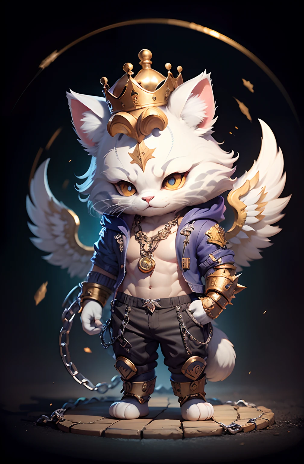 (Mythical wind, Fine depiction, Ultra HD CG 8K wallpaper, virtual figure illustration) A white and flawless kitten,Dressed in chain gold armor,He wears a purple-gold crown with phoenix wings,Holding a ruyi golden hoop rod,Feet wear light silk steps,Standing on the top of the mountains,Holding a purple gold gourd