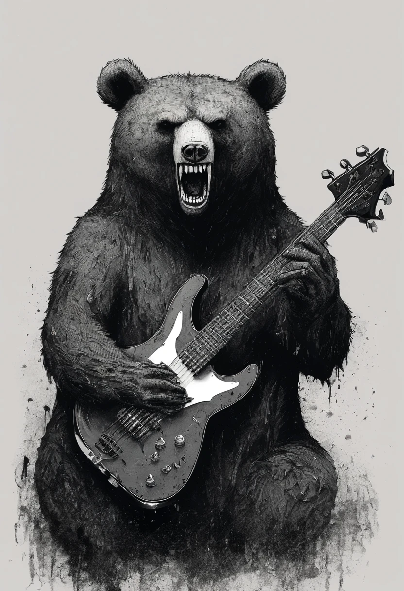 BEAR SCREAMING INK HOLDING A BASS GUITAR ILLUSTRATION TIM BURTON STYLE