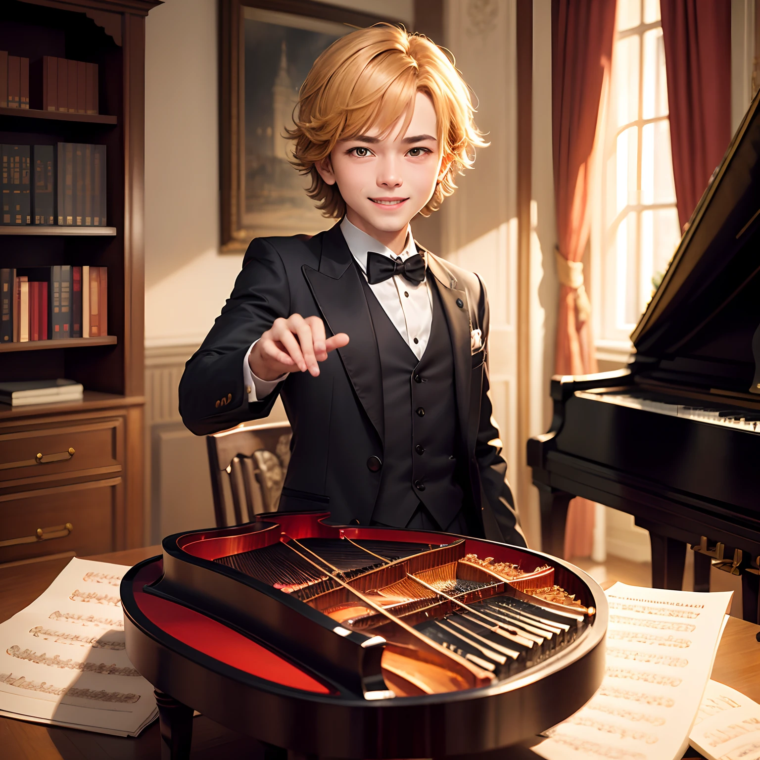 ​masterpiece、top-quality、ultra-detailliert、(Chibi Chara　Richard Kreederman:1.2)、tailcoat、(Piano performance:1.2)、Inside the Houses of Parliament、A smile、