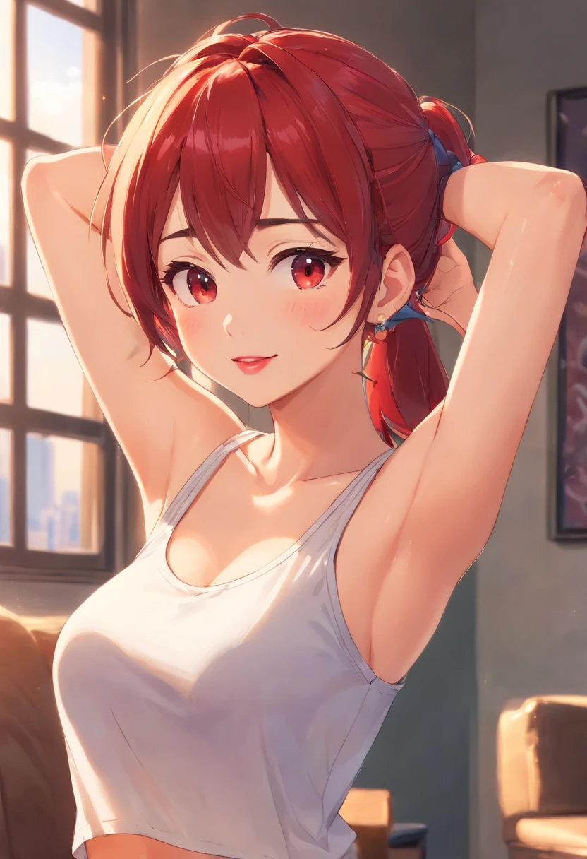 a cute anime school girl with big breasts, dark red hair in a ponytail, beautiful dark blue eyes, wearing a short pleated mini skirt, flashing her white panty, making a peace sign and smiling, intricate details, photorealistic, 8k, highly detailed, masterpiece, dramatic lighting, cinematic