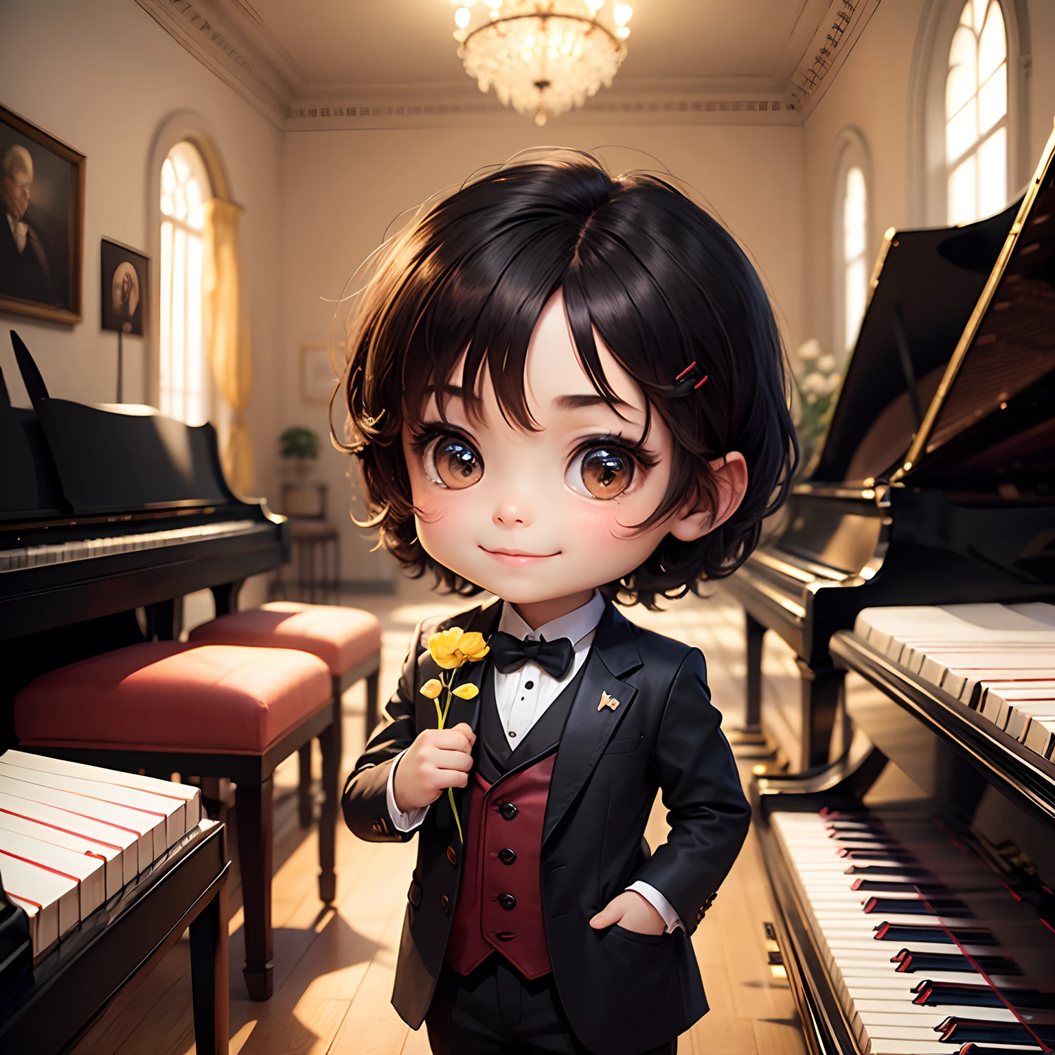 masterpiece、top-quality、ultra-detailliert、(Chibi Chara Richard Kreederman:1.2)、tailcoat、(Piano performance:1.2)、Inside the Houses of Parliament、A smile、