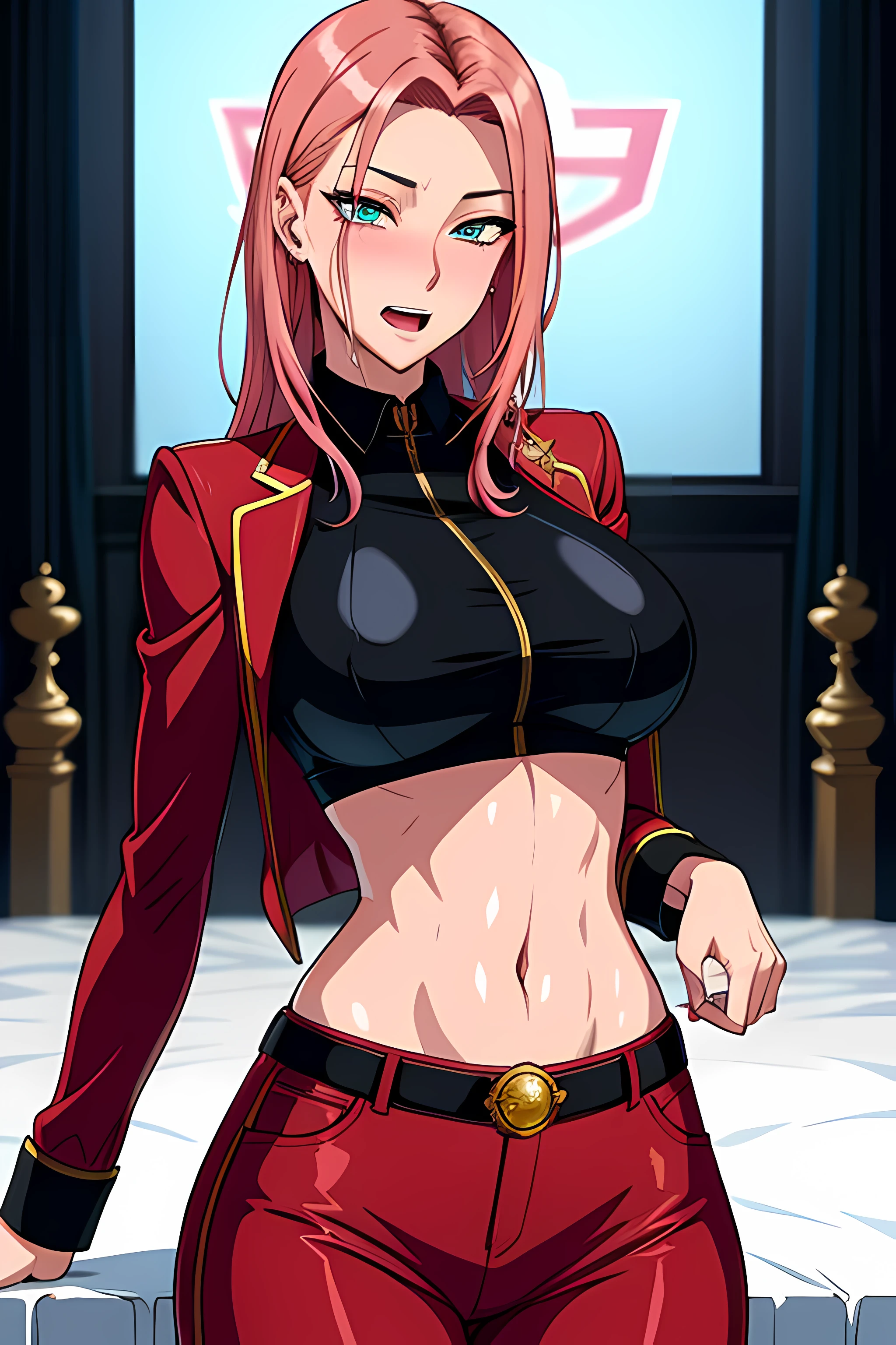 （tmasterpiece，A high resolution，best qualtiy：1.2），8K，highly  detailed，复杂，rich colourful，vibrant image，Clear focus，cinematic ligh） pink hair，long whitr hair，Green eyes，body builder （Wear black business attire，black_Collared shirt cropped jacket，tiese，tiese，Red pants，a garter belt，Leather belt） （Large, Perfect round breasts，Hourglass body，Big breasts Thin waist，Very thin waist， photograph realistic，（hyper realisitc：1）big breasts beautiful， tmasterpiece，Best quality at best，extremelydetailedface，s the perfect face，beauitful face，Perfect lighting，Detailed eye makeup，Details of the face，Nice detail eyes，pretty hand，perfect hand，glowing light eyes（realistic pupil，Realistic iris：1）Heavy eye makeup，（empty Casino）（Posing dynamically）pantiess, sakura haruno, ((bright red clothes)), ((blushing)), ((open mouth)), ((drooling)), ((wet)), ((midriff)),