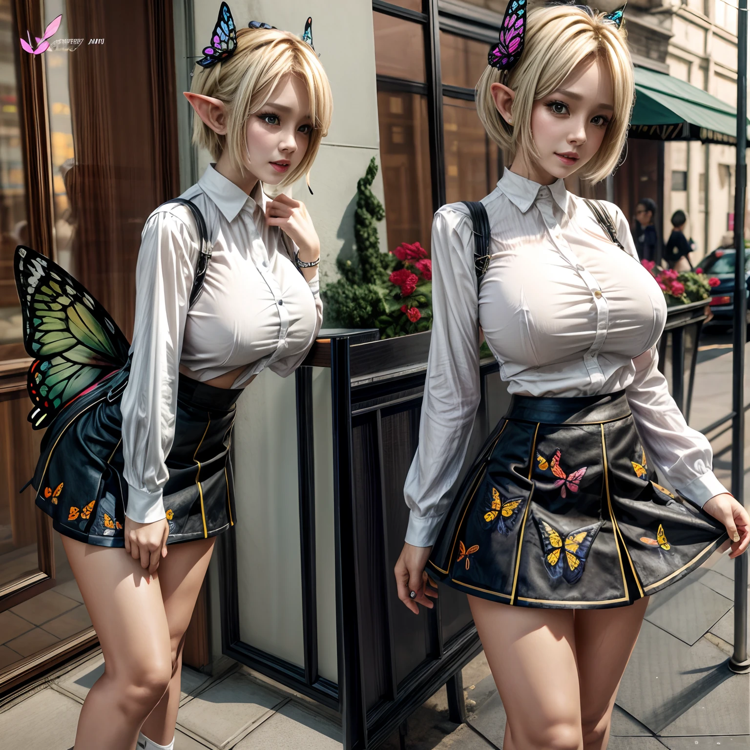 Design drawing of short skirt fashion with (butterfly motif:1.2) for female mature elf on the street , giga_busty