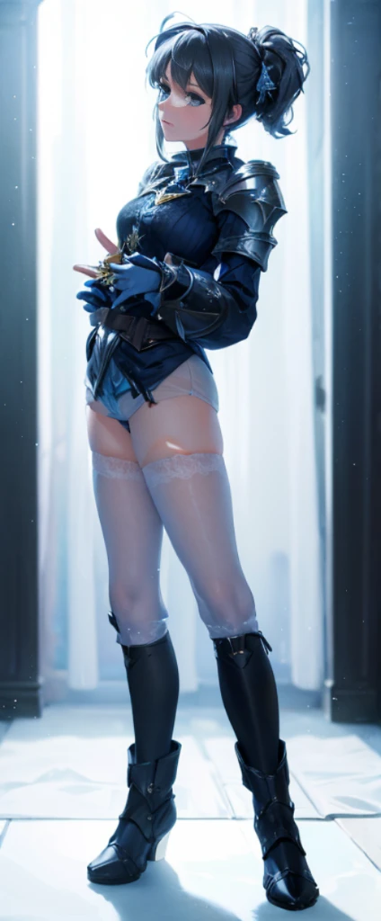 Beautiful paladin girl,Holding a shield,Extremely beautiful,High Balance, Natural light, Lace,starrysky,Star decoration (Masterpiece, Highest quality),unreal-engine,Standing painting, angle of view,Sheer tulle skirt,ssee-through,Over-the-knee black stockings,Cardigan