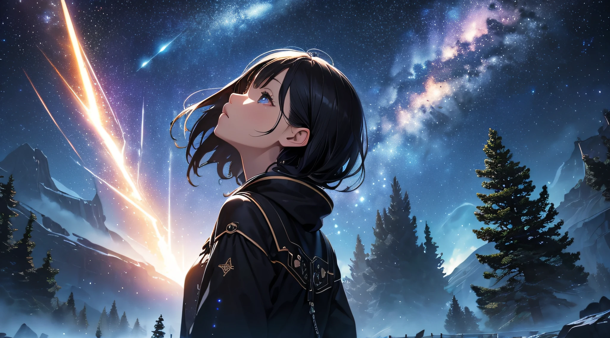 masterpiece、Background with((Fantastic starry sky、meteors、black hole))、Depth((Giant Tree、Fantastic、Luminescent))、a beauty girl、Looking up、Rear view