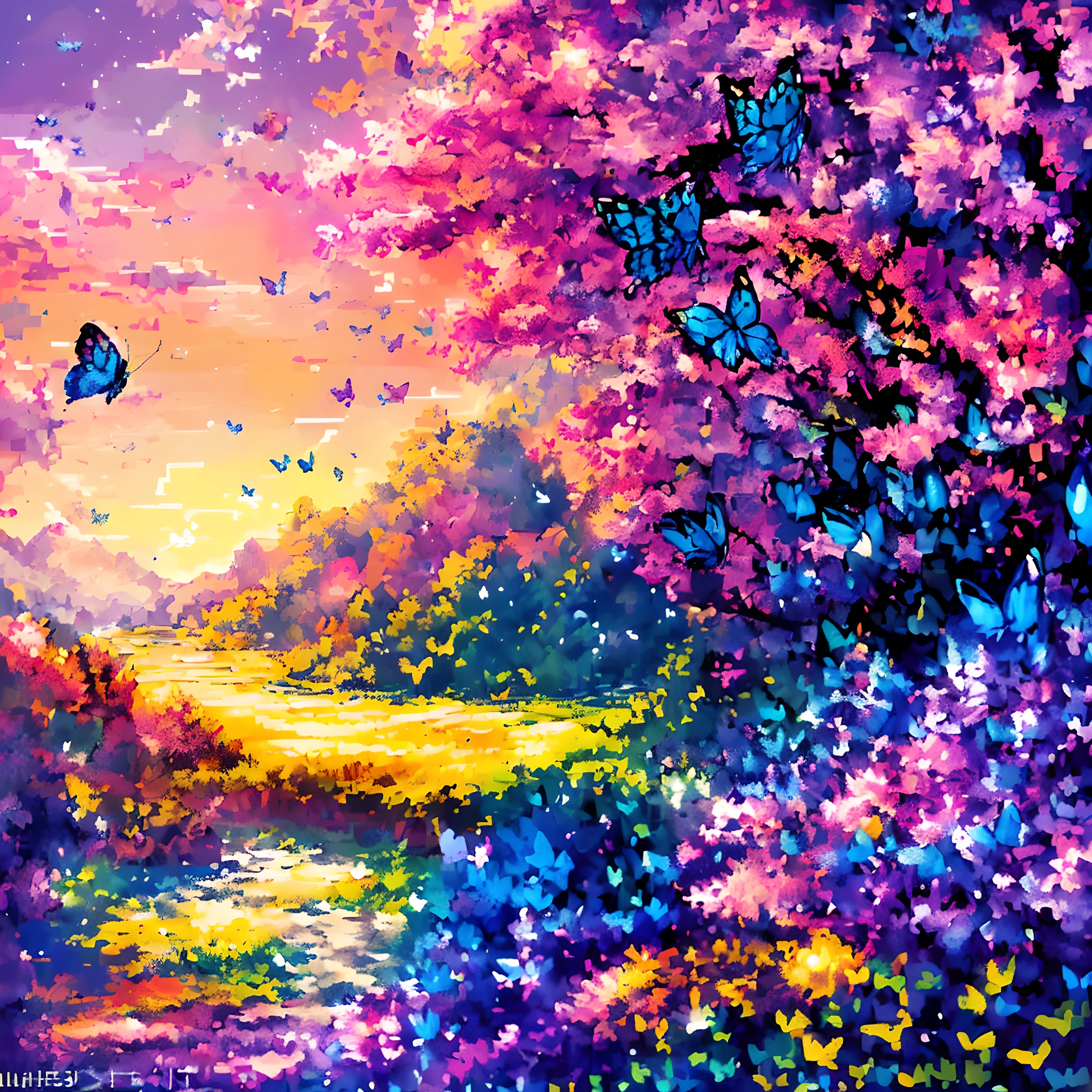 (butterfly:1.5),(landscape:1.5), (Pixel art:1.5), (pixel theme:1.5), (fantasy:1.5), (beautiful scenery:1.5),(landscapes:1.5),(colorful butterfly:1.5),(heaven:1.5),(beautiful flower field:1.5),(fantasy world:1.5),(Spiritual world:1.5),(scenic:1.5),(lots of flying blue butterfly:1.5), (fantastic illustration:1.5),(dynamic:1.3), (absurderes:1.5),(ultra_detailed:1.5),(delicate:1.5),(Detail on facial expressions:1.5),(best quality:1.5),(masterpiece:1.5),