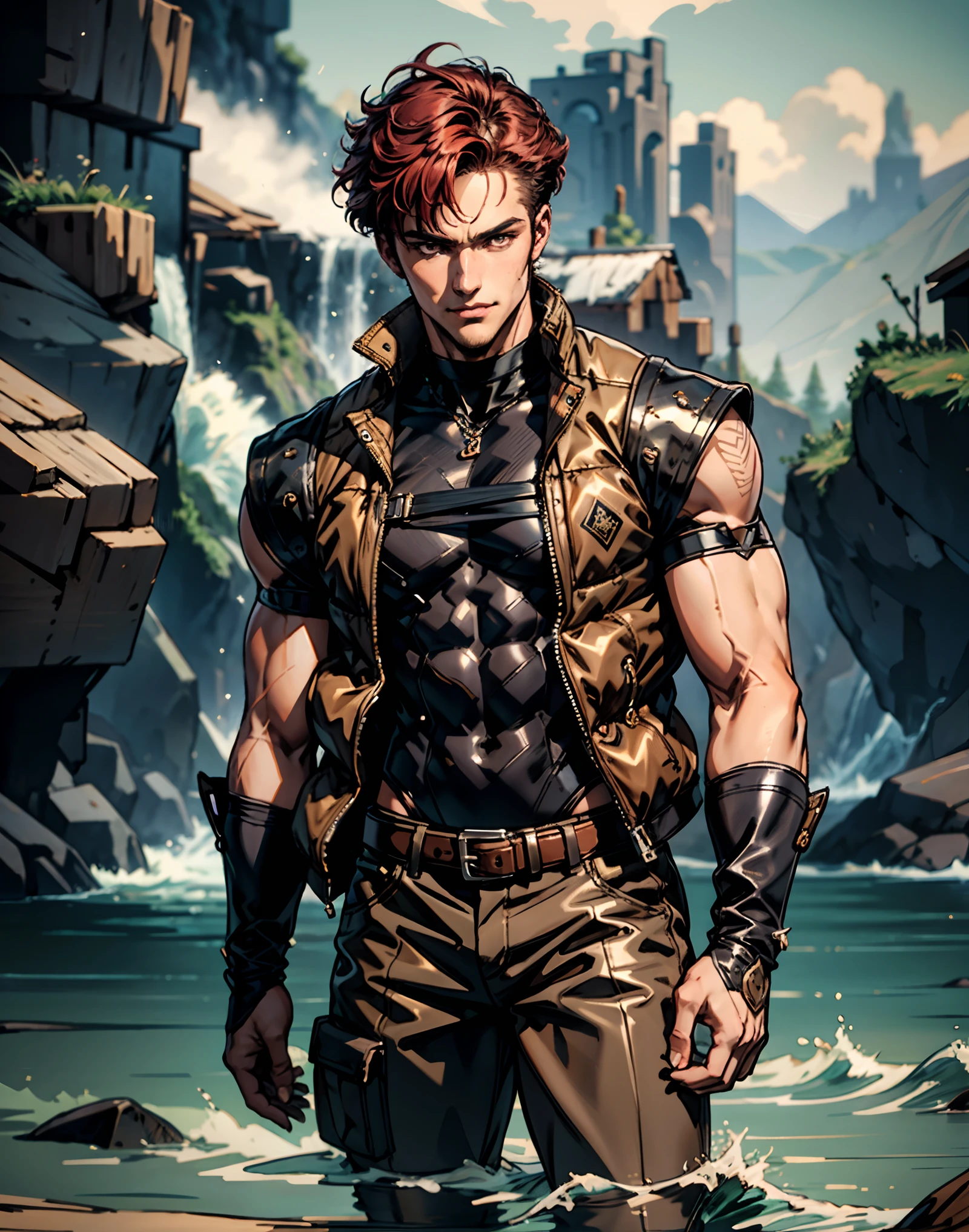 A teenage boy, short brown hair, spiked in the middle with a tuft of red hair, sharp gaze, a playful smile, a fantasy-style two-piece outfit, a dark-colored tight-fitting undershirt, a light-colored vest with wave patterns, a multifunctional belt, utility trousers, the surroundings depict swiftly flowing air, a high-speed blurred background, conveying a sense of speed, this character embodies a finely crafted fantasy-realistic style adventurer in anime style, characterized by an exquisite and mature manga illustration art style, high definition, best quality, highres, ultra-detailed, ultra-fine painting, extremely delicate, professional, anatomically correct, symmetrical face, extremely detailed eyes and face, high quality eyes, creativity, RAW photo, UHD, 8k, Natural light, cinematic lighting, masterpiece-anatomy-perfect, masterpiece:1.5