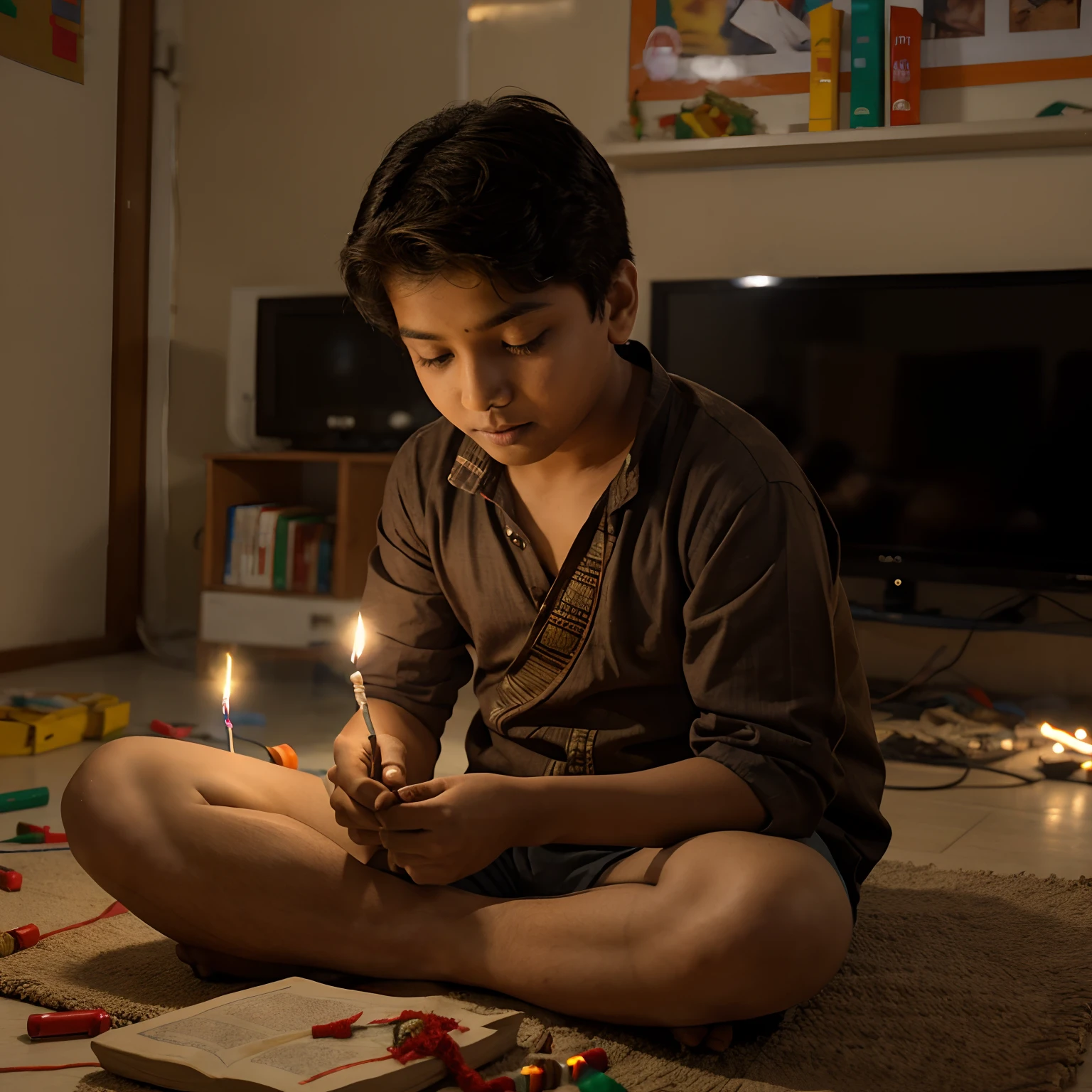 a boy studying for iit jee and diwali going on and firecrackers butsin the background with excitement but the boy kept studying.