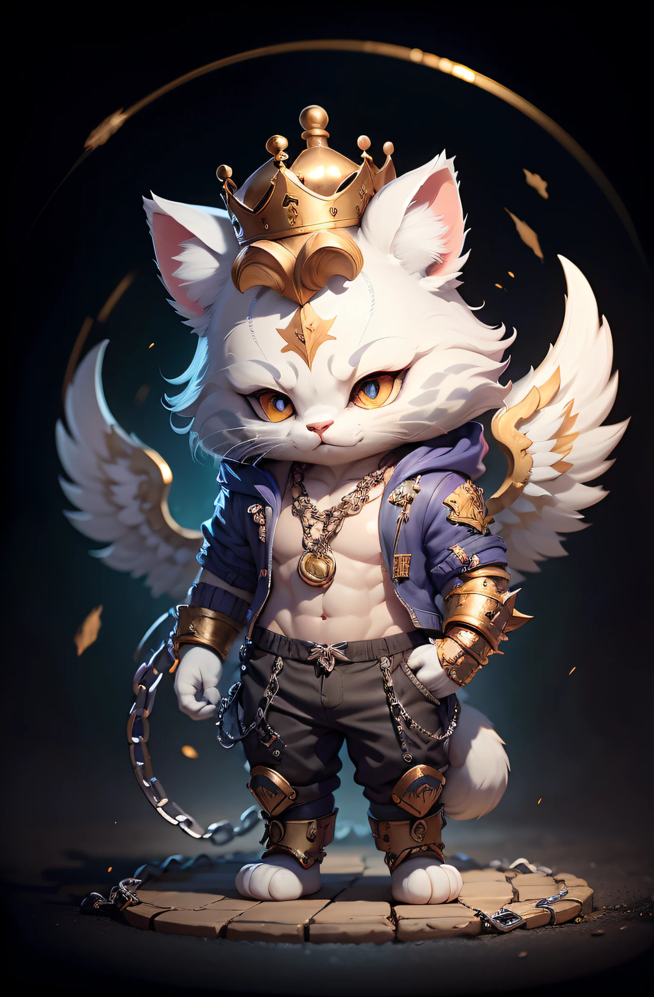 (Mythical wind, Fine depiction, Ultra HD CG 8K wallpaper, virtual figure illustration) A white and flawless kitten，Dressed in chain gold armor，He wears a purple-gold crown with phoenix wings，Holding a ruyi golden hoop rod，Feet wear light silk steps，Backed by a purple gourd