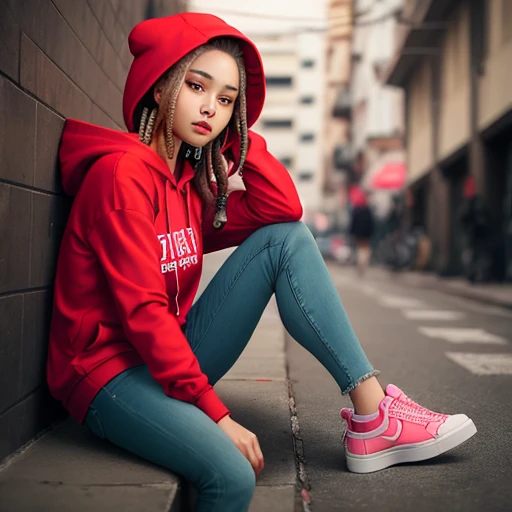 A girl with dreadlocks,pink lips, wearing a red hoodie with the name " BKK ", a black jeans, and red sneakers
