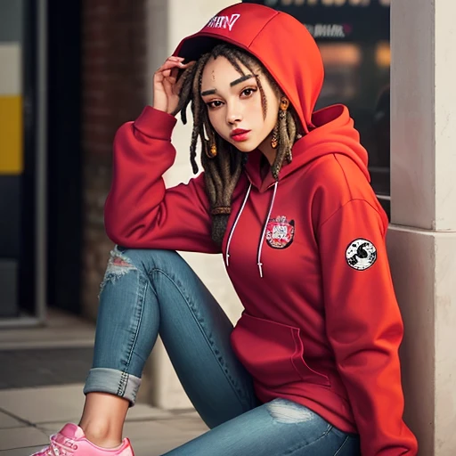 A girl with dreadlocks,pink lips, wearing a red hoodie with the name " BKK ", a black jeans, and red sneakers