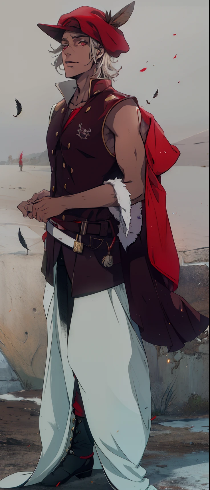 Homen , pirata, pele marron, jaqueta vermelha, Red hat with a feather