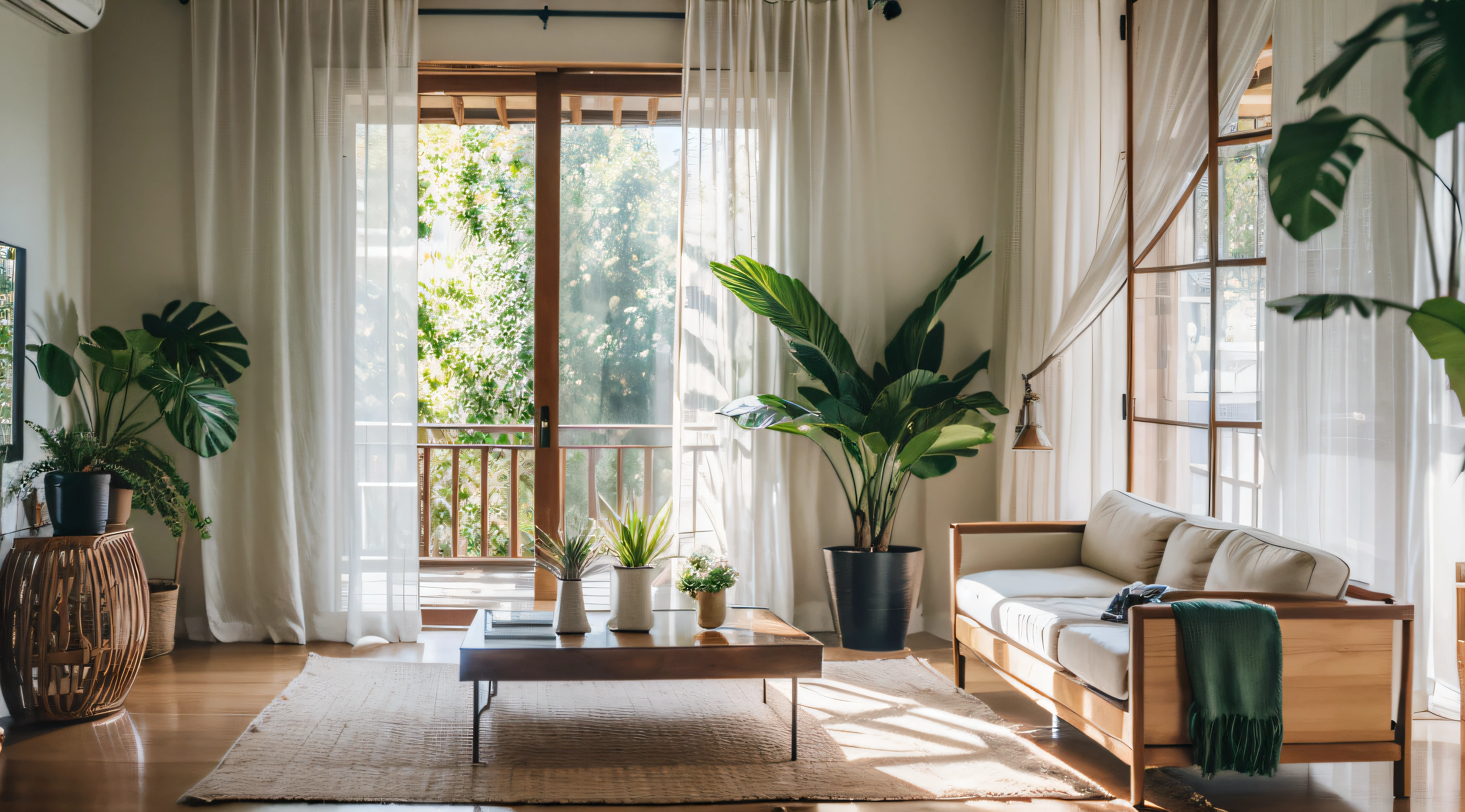 This is a living room where modern minimalist style blends with Southeast Asian culture. Clean lines combined with natural materials create a pleasant and relaxing atmosphere. Bright light streams in through the gauze curtain, casting the silhouette of greenery. The soft sofas and meticulous hand-woven carpets make you feel a different kind of comfort. Whether it's spending fun time with family or catching up with friends, this elegant space offers endless surprises and comfort. ,masterpiece, best quality,8k, ultra highres,