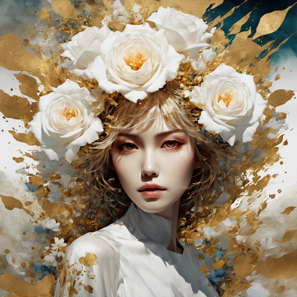 Golden, Super detailed artistic abstract photo of geometric female face, Beautiful white roses on the coast, A clear day, White cumulus clouds, Detailed symmetrical circular iris, Powder々A piece of paper that has become, Natural body posture, art by alberto seveso, Guy Denning, Johannes Itten, Russ Mills, Gustav Klimt, Symmetrical, Abstract art style, Complex and intricate watercolor painting, Sharp eyes, Digital Painting, Color explosion, brilliance, Colorful, Concept art, Volumetric lighting, metallic reflective, 8K, by artgerm, Trending on ArtStation, 16K resolution, 300 DPI, 600 resolutions, 4K, contest winner, High Definition, Golden Eyes , Detailed, Realistic, 8K UHD, High quality