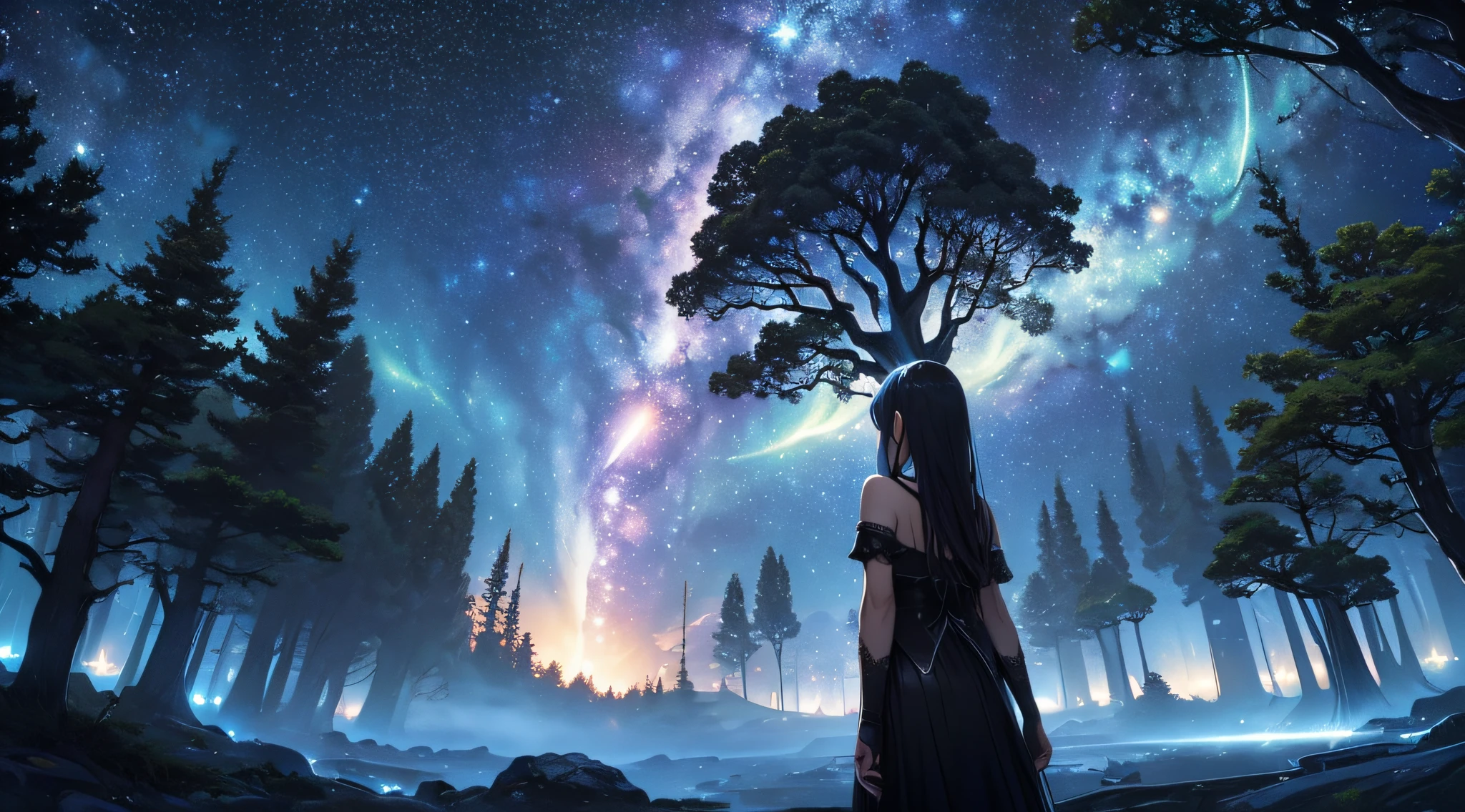 ​masterpiece、Background with((Fantastic starry sky、meteors、black hole))、Depth((Giant Tree、Fantastic、Luminescent))、a beauty girl、Rear view