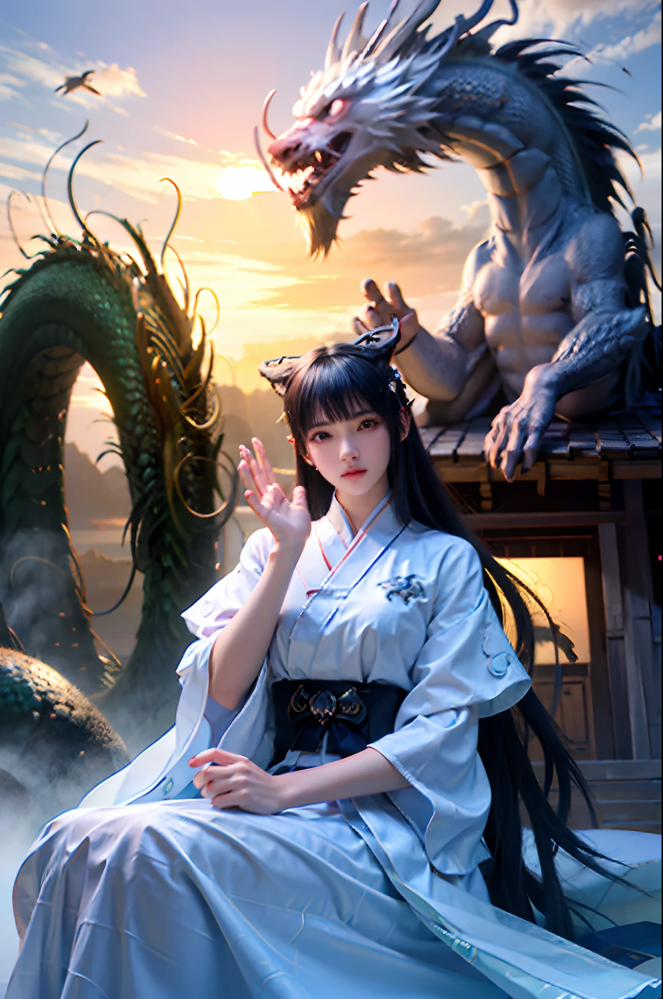 (Jujutsu Kaisen Style) The Chinese white divine dragon rose into the air, (Cat-eared girl controlling a dragon; 1.3) , (Cat-eared girl facing the camera : 1.3 ) , Clouds in the sky surround you , light magic , Fantastic background , Background meaning , Ridiculous background , There is artistic overlap , O cabelo multicolorido , surrealist. Cinematic lighting , Ray tracing , God Light , SPEEDLINE , angle of view , Hyper Hi-Vision, ​master piece, top-quality , super detailing , hight resolution , hightquality , ( Distant view : 1.3)(top-quality:1.4), ((​masterpiece)), ((realisitic)), (detaileds),(Photorealsitic:1.4), The Chinese white dragon is looking at us, ＆Cat-eared woman in Japanese clothes standing in front of a white dragon at a mysterious waterfall, A cat's ears are the same color as its hair, By this、It feels very natural and real., Cinematic. leng jun, still from a fantasy movie, wlop and ross tran, chinese fantasy, elegant cinematic fantasy art, ross tran and wlop, matte painting portrait shot, Movie photography concept art, Portrait of a girl with cat ears, fantasy character photo, Fantasyart,