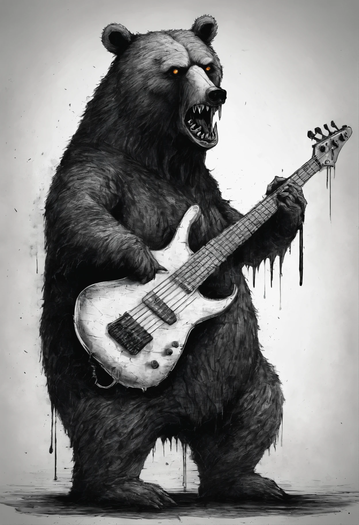 BEAR SCREAMING INK HOLDING A BASS GUITAR ILLUSTRATION TIM BURTON STYLE