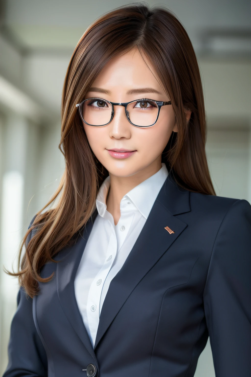 masutepiece, Best Quality, Raw photo, Ultra-detailed, finely detail, hight resolution, 8K Wallpaper, Perfect dynamic composition, Beautiful detailed eyes, Business Suit, Natural Lip,Slender and big, Natural hair,Putting hair together、 eye glasses