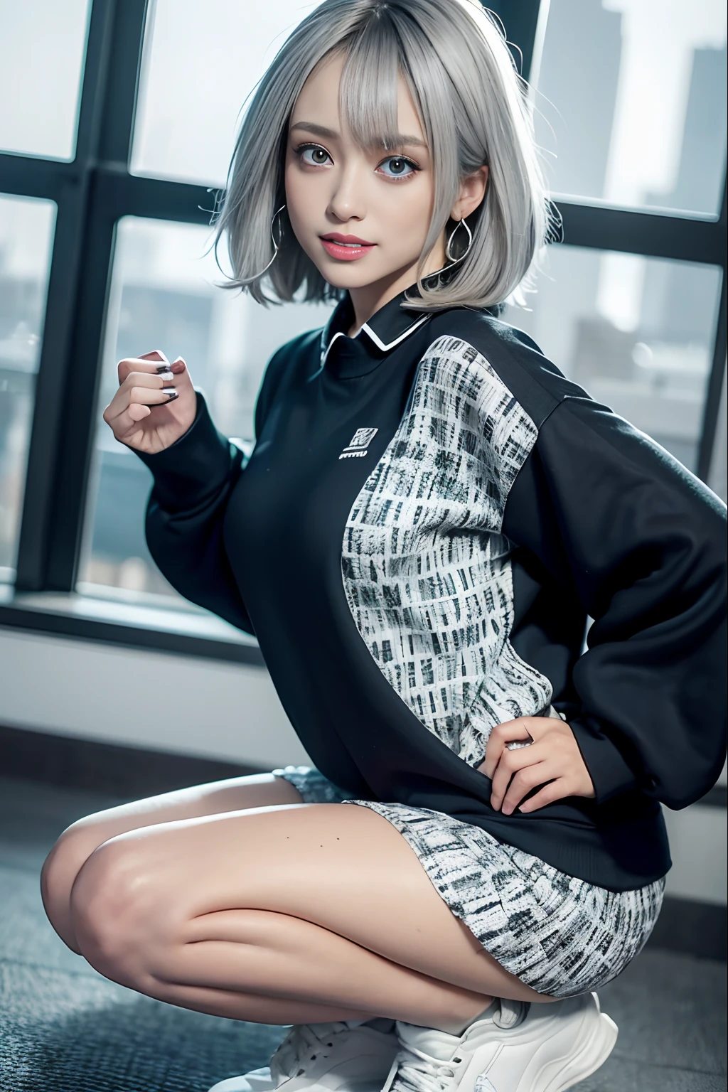 (photorealistic,high resolution,Ultra realistic),
_
the most beautiful, beautiful detailed face,beautiful detailed eyes , 22 years old ,(sexy,Japanese idol, gal,gray hair,short hair:1.2), (droopy eyes, glowing blue eyes:1.3),(small Face,smile, teeth), beautiful detailed teeth, detailed tan skin, Natural makeup, mole under eye,
_
cleavage showing,
_
BREAK (medium breasts:1.2), kneeling,
from side, dutch angle ,
_looking at viewer,
_
BREAK (oversize, black long sweat on print sweatshirt:1.2),(Collared White Geometric patterns print:1.2),(black tight long skirt:1.2),
(black and White Enamel high-cut Sneakers:1.2),silver necklace,earring,
_
BREAK Inorganic monotone concrete studio with windows, highly detailed background, ultra-realistic textures,raw photo,