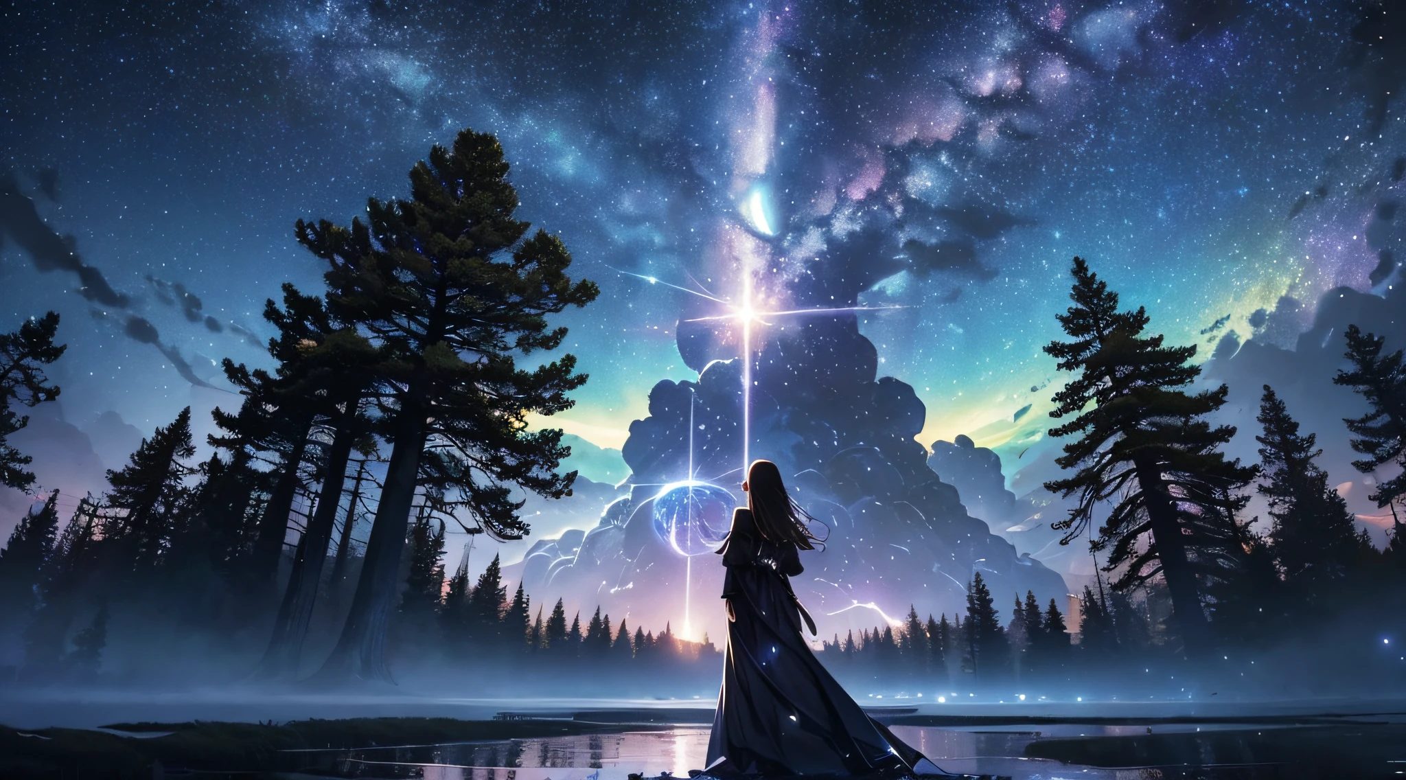masterpiece、Background with((Fantastic starry sky、meteors、black hole))、Depth((Giant Tree、Fantastic、Luminescent))、a beauty girl、onepiece、Rear view