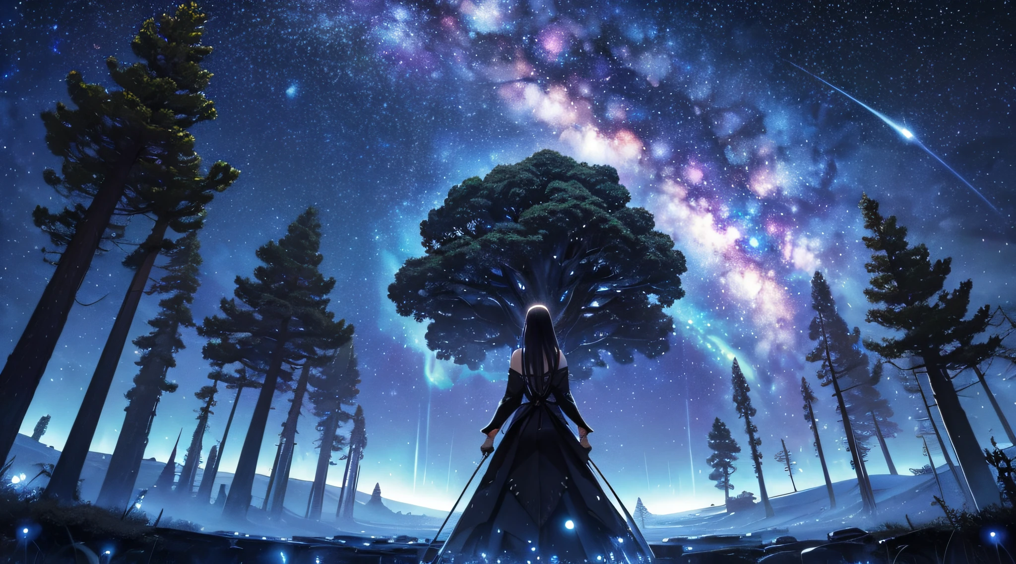 masterpiece、Background with((Fantastic starry sky、meteors、black hole))、Depth((Giant Tree、Fantastic、Luminescent))、a beauty girl、onepiece、Rear view