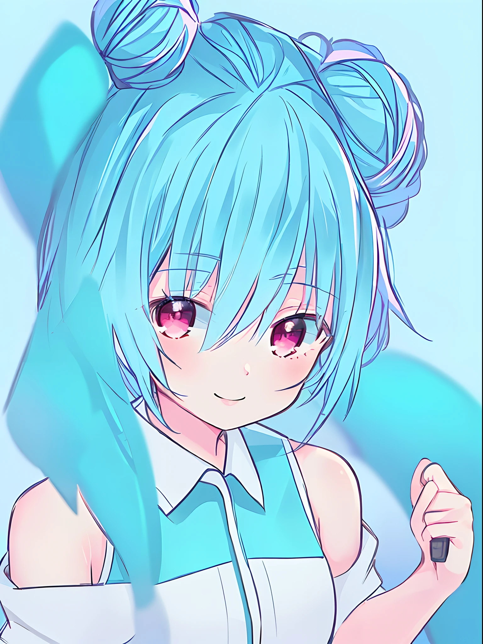 1girl, solo , ((short cyan hair, smile , more details eyes )), cyan skirt , shirt ,cyan hair ,thighhights, sleeveless shirt (hair bun) , sleeveless , pleated skirt, looking at viewer, off shoulder , cyan collared shirt , open clothes, white thighhtighs, pink eyes