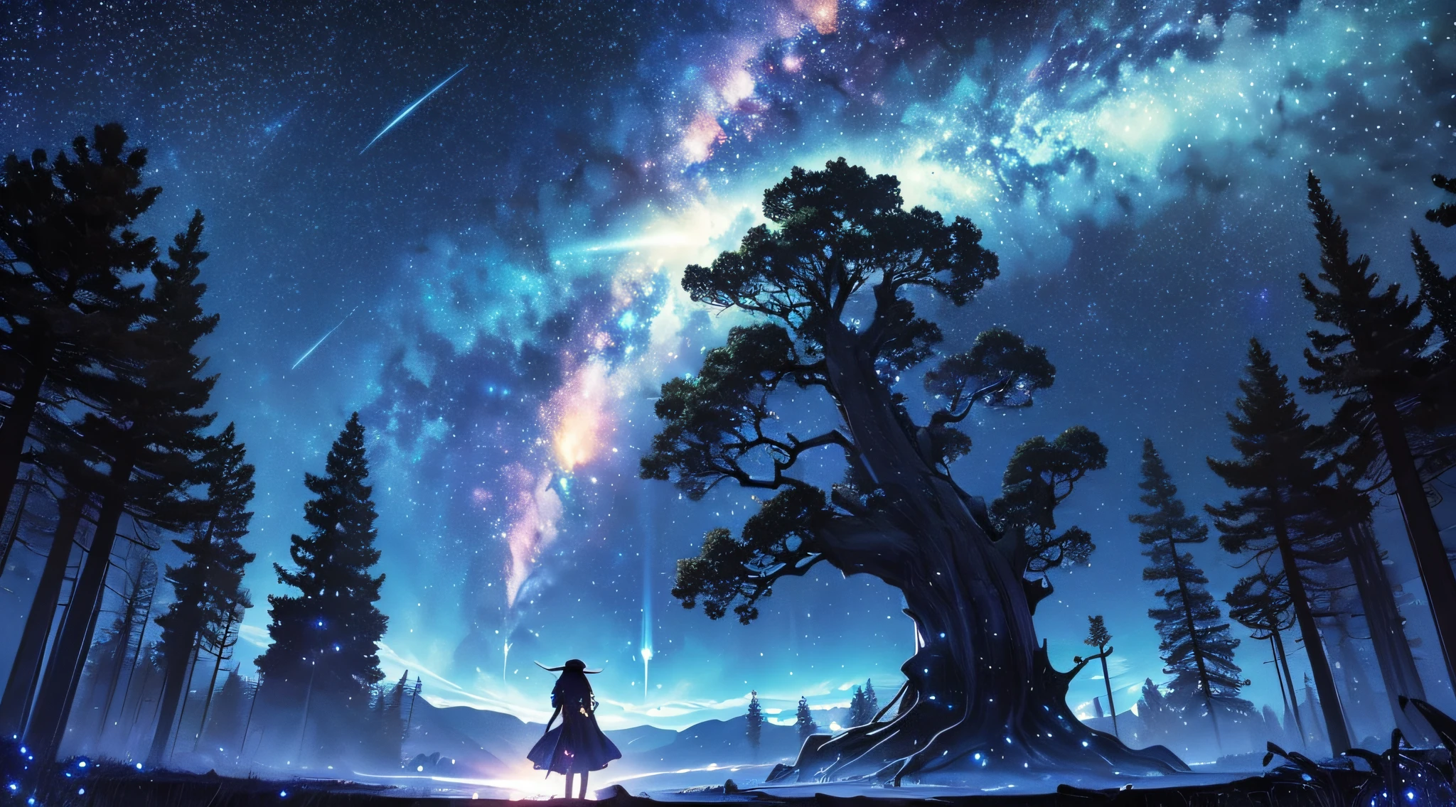 masterpiece、Background with((Fantastic starry sky、meteors、black hole))、Depth((Giant Tree、Fantastic、Luminescent))、a beauty girl、onepiece、Rear view