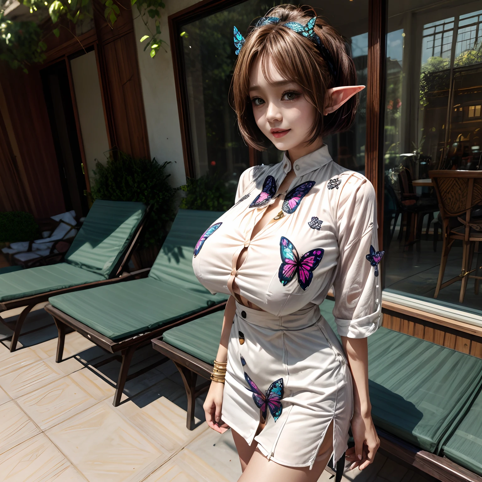 Design drawing of short dress fashion with (butterfly motif:1.2) for female mature elf on the street , giga_busty