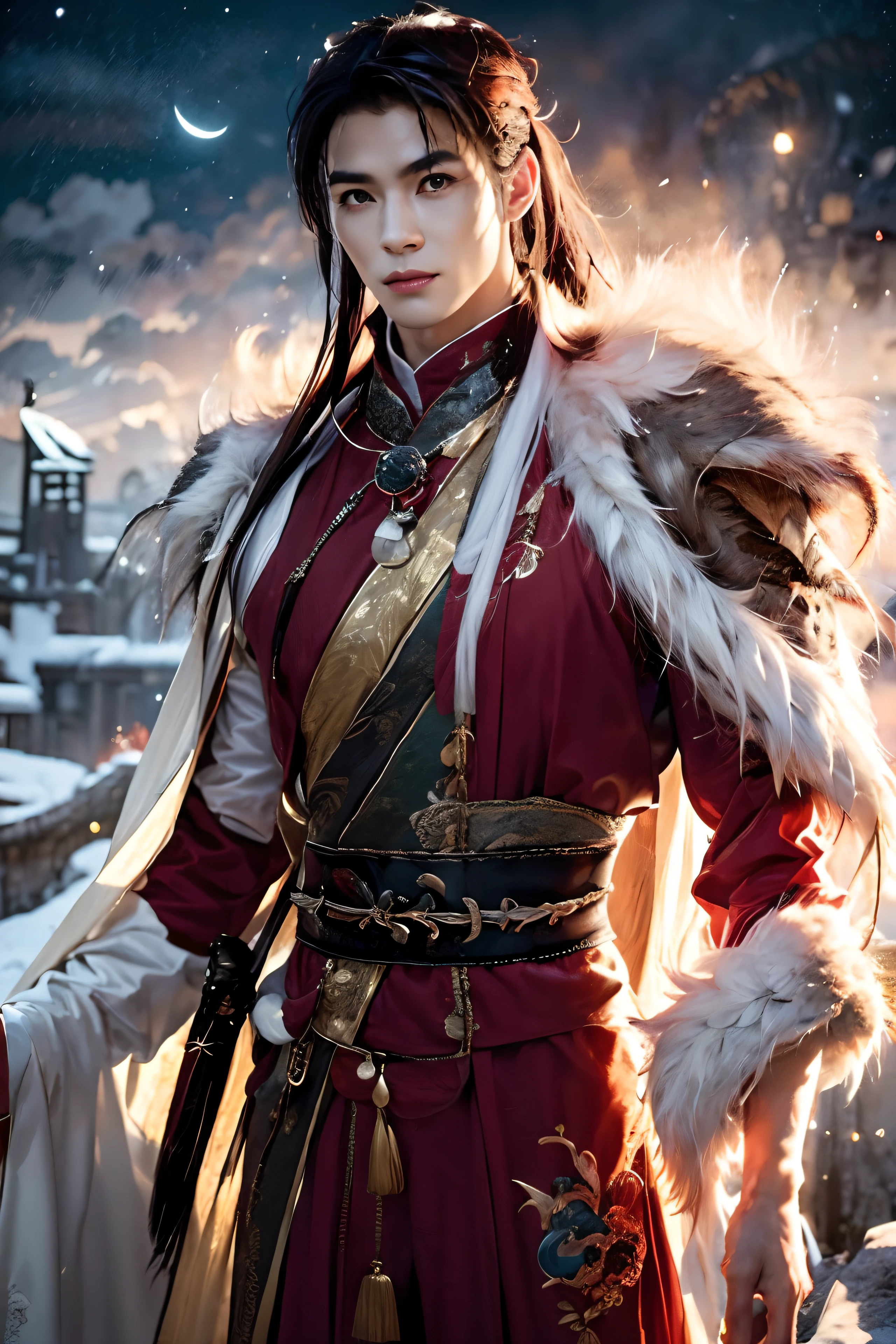 8K, masterpiece, A 21-year-old Asian man，thin eyebrows，Melon seed face，danfung Eye, Handsome face，Men's full body ，mountain in background, Time is night。Deep blue sky，A full moon，his skin is fair，He is slender,  The limbs have pronounced muscle lines，high-definition photography，Real-world scenarios，perfect eyes, perfect skin, perfect hands, Lots of detail, wearing red long coat with white dragon decoration, red long pants, red turtleneck shirt, fire, flame, magic, messy long hair, ponytail, looking into the distance, devilish gaze at viewer, cool and seductive, standing on the top of the mountain, wind blowing, ((red dragon))