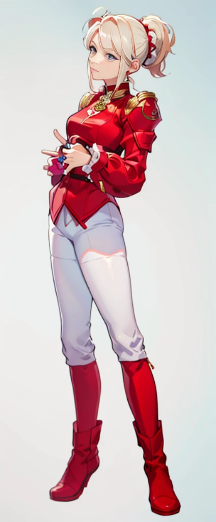 A woman in a red jacket and white pants holds a mobile phone, 《king of fighter》role, fighting game character, chun li, cammy, Chun- li, chun - li, Kushatt Krenz Key Art Women, 《fireemblem》in Edergard, v from devil may cry as an elf, Range Murata and Artgerm, Edelgard de Fire Emblem