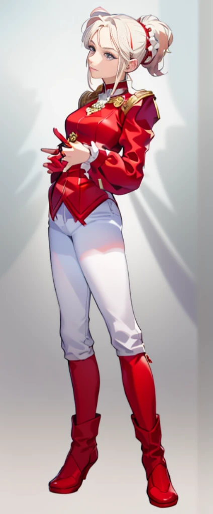 A woman in a red jacket and white pants holds a mobile phone, 《king of fighter》role, fighting game character, chun li, cammy, Chun- li, chun - li, Kushatt Krenz Key Art Women, 《fireemblem》in Edergard, v from devil may cry as an elf, Range Murata and Artgerm, Edelgard de Fire Emblem