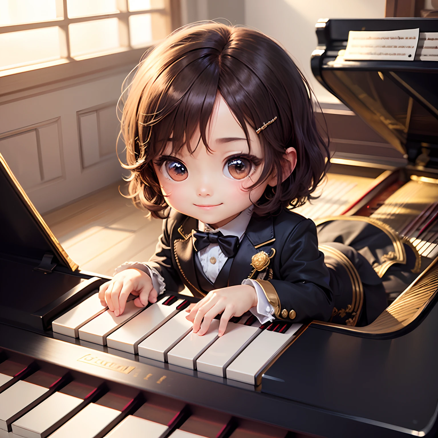 ​masterpiece、top-quality、ultra-detailliert、(Chibi Chara　Pianist Boy:1.2)、tailcoat、A detailed(I have to play the piano:1.2)、Inside the Houses of Parliament、A smile、
