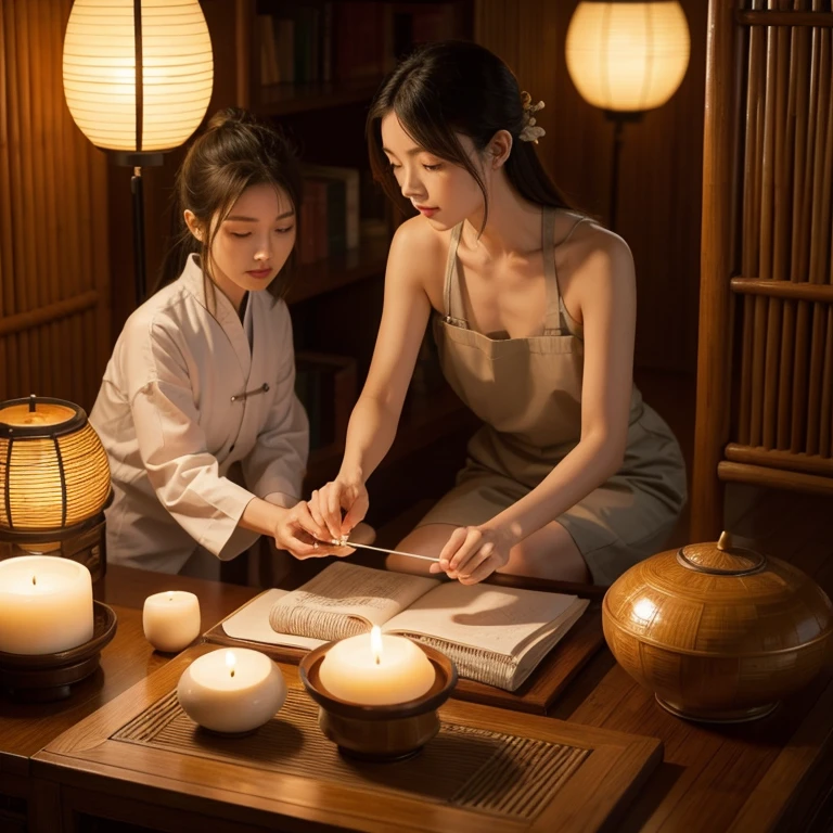 high qulity, 4K 分辨率, Realistic, Detailed illustrations, Taoist elements,Chinese medicine, Heals naturally, herbs, harmonious and balanced, Traditional Chinese elements, A soothing color palette, lotuses, Bamboo, Yin and Yang symbols, Acupuncture needles, Traditional medicine techniques, zen atmosphere, calm and serene atmosphere, Overall health, Mind-body connection.