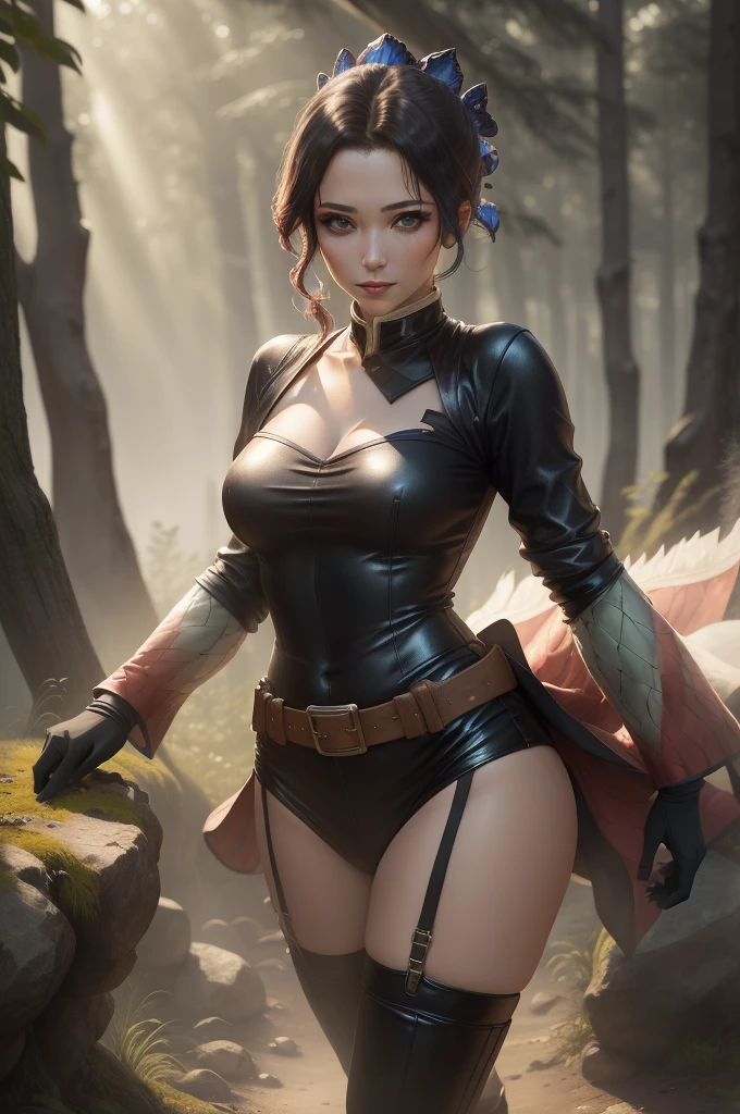 (masterpiece: 1.2), (best quality: 1.2), (highly detailed: 1.3), (intricate detail), highres, best illustration, perfect lighting, forest, warm colors, sunlight, sunrays in forest, warrior monsters, wind breeze, full body, full body shot, perfect face details, detailed eyes, detailed background, realistic photo, (sharp focus: 1.2), ((looking at camera: 1.2)), solo, 1 girl, ninja woman,  ninja, perfect human anatomy, perfect legs, perfect arms, perfect face, ((realistic hands: 1.3)) long platinum hair, crown braid in hair, female clothing, sexy ninja outfit, little armor, leather skirt, feel garter, black gloves with gold accents, flashy neckline, seductive appearance, sexy body lines, human hands, attractive female body, (stylish and sexy ninja uniform: 1.2), female boot, hard , woman with closed mouth, green iris, looking at viewer, perfect lighting, epic realism