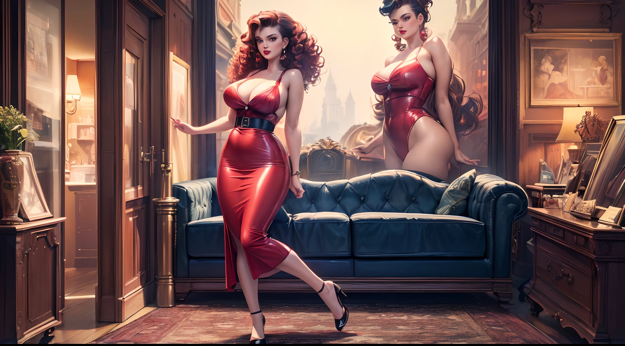 (best quality,4k,8k,highres,masterpiece:1.2),ultra-detailed,(full body:1.5),(realistic,photorealistic,photo-realistic:1.37),beautiful woman,retro style,vintage fashion,pin-up girl,glamorous appearance,sensual pose,classic red lips,curly hair,flawless skin,stylish clothes,rockabilly inspiration,colorful background,soft lighting,elegant atmosphere
