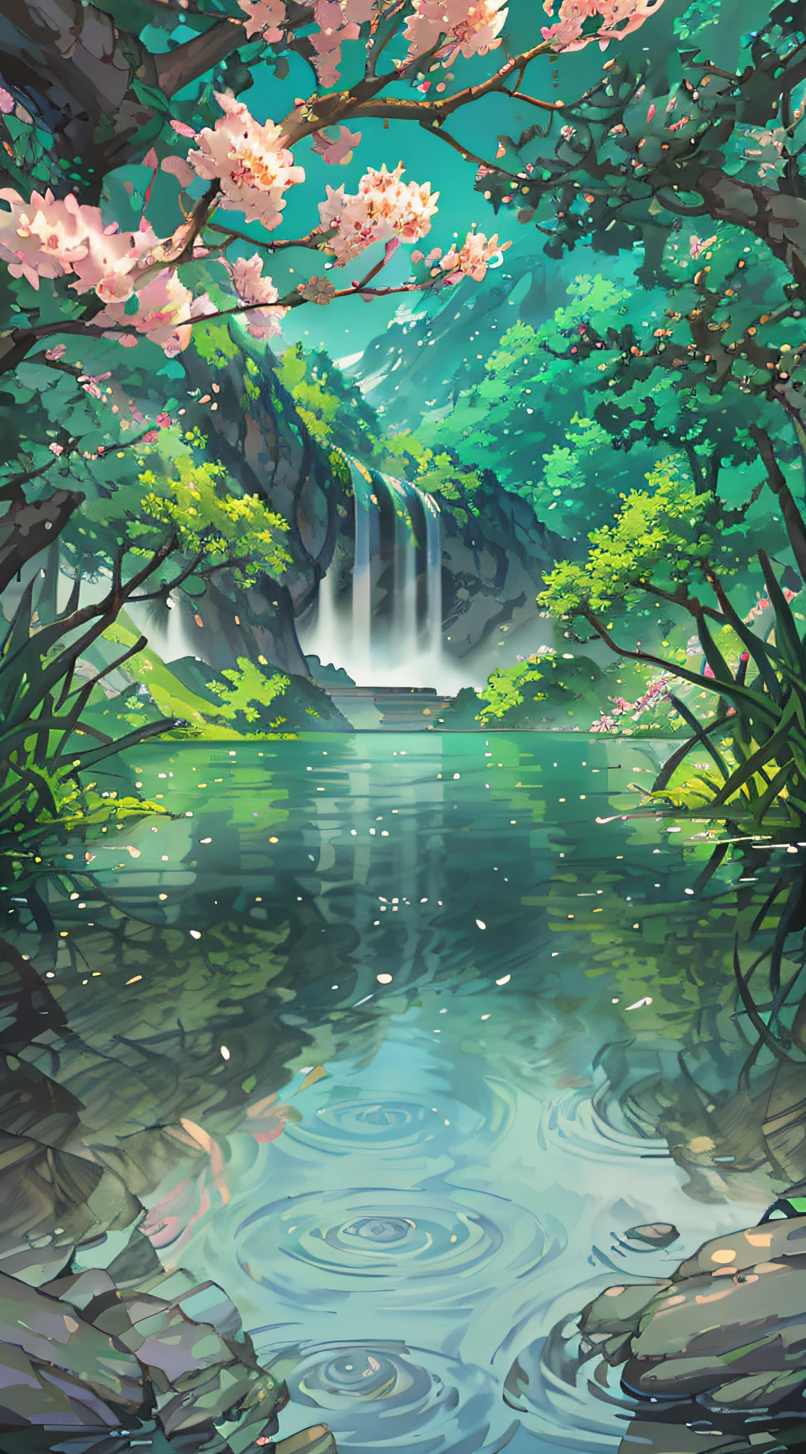 Chinese ancient times, spring, jungle, lake, cave, waterfall, tree, meadow, rock, deer, hot spring, water vapor, (illustration: 1.0), epic composition, realistic lighting, HD details, masterpiece, best quality, (very detailed CG unified 8k wallpaper)