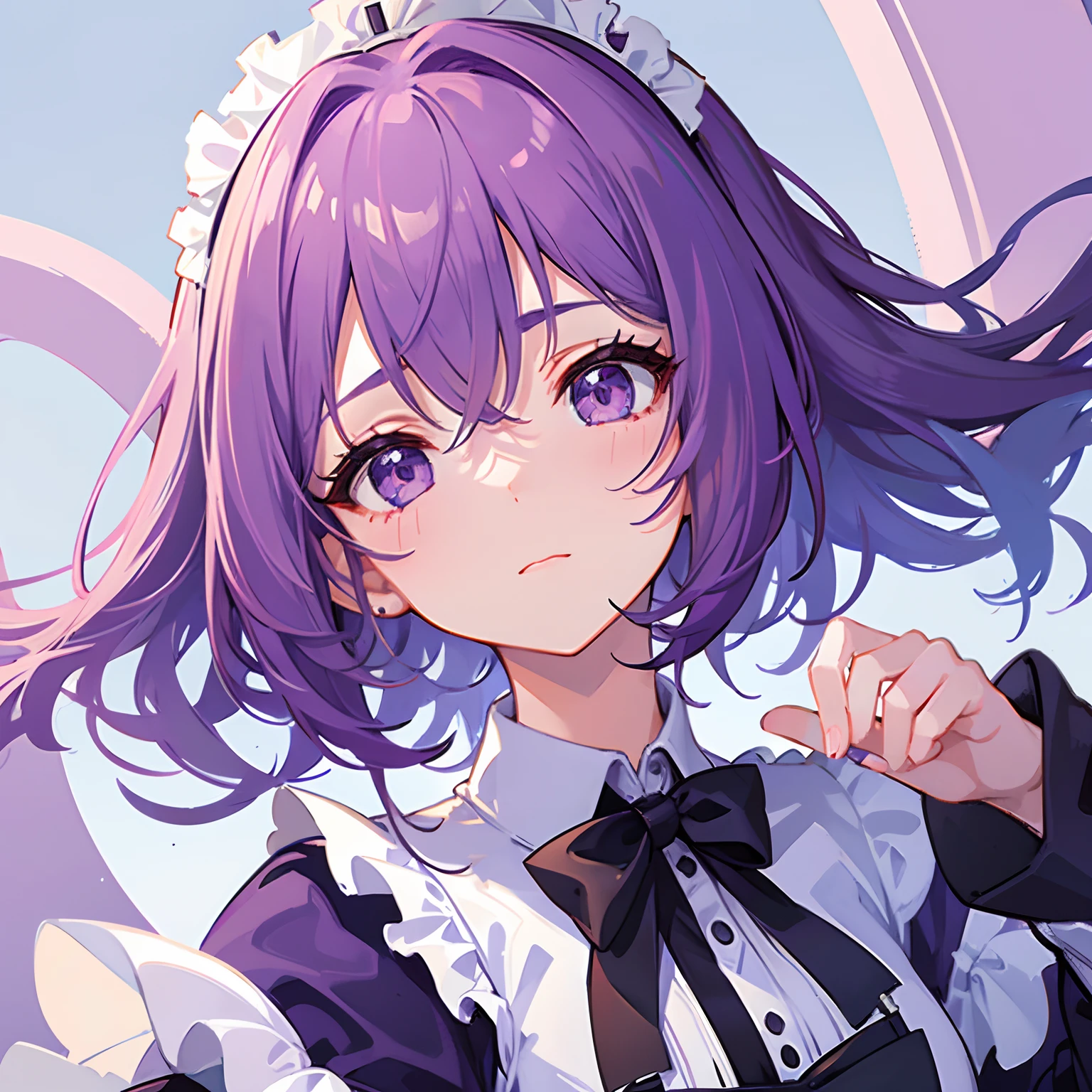 ((best quality)), ((masterpiece)), (detailed), 1 girl , purple hair , short hair , purple eyes, wearing maid uniform , lovestruck expression, looking at viewer, slight blush , delicate pose , cute looking, perfect face, detailed, masterpiece, 4k , ultra high quality , Cinematic Lighting, ethereal light, intricate details, extremely detailed, incredible details, full colored, complex details, insanely detailed and intricate , extremely detailed with rich colors. masterpiece, best quality, aerial view, HDR, plump looking at the camera , dark Fantasy background , Representative, fair skin, beautiful face, Rich in details High quality, gorgeous, glamorous, 8k, super detail, gorgeous light and shadow, detailed decoration, detailed lines
