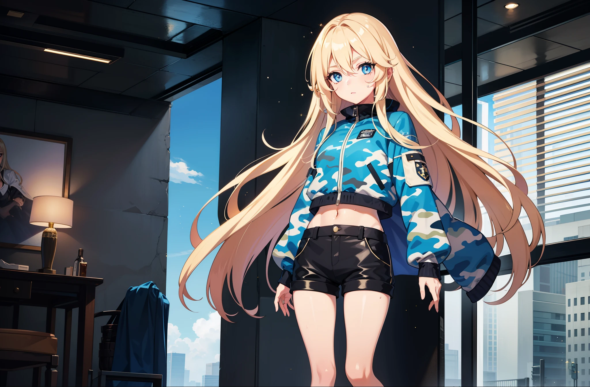 1 girl, mature girl, masterpiece, best quality, detailed eyes, sparkling eyes, shiny skin, shiny hair, blue eyes, light blonde hair, tall, long hair, straight hair, full body, best quality, shiny skin, shiny hair, sweaty, shorts, blue camouflage jacket, midriff, standing, blue sky,