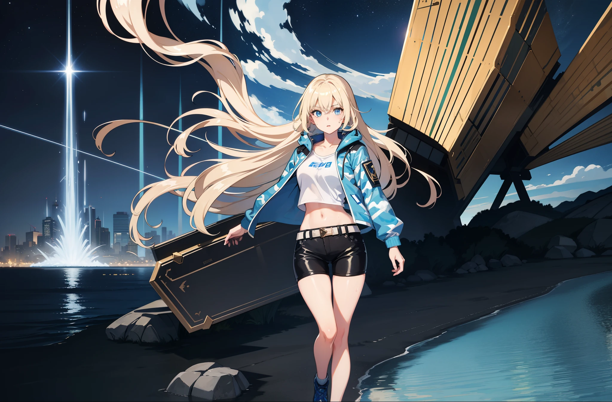 1 girl, mature girl, masterpiece, best quality, detailed eyes, sparkling eyes, shiny skin, shiny hair, blue eyes, light blonde hair, tall, long hair, straight hair, full body, best quality, shiny skin, shiny hair, sweaty, shorts, blue camouflage jacket, midriff, standing, blue sky,
