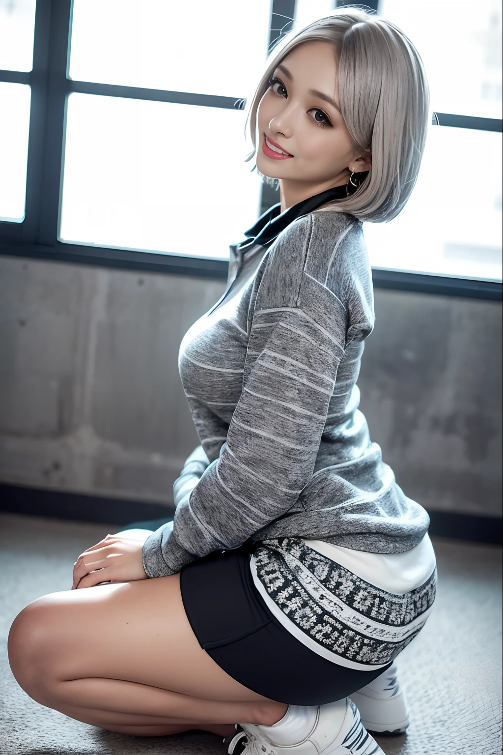 photorealistic,high resolution,Ultra realistic,
_
the most beautiful, beautiful detailed face,beautiful detailed eyes , 22 years old ,(sexy,Japanese idol, gray hair,short hair:1.2), (droopy eyes, glowing blue eyes:1.2),(smile, teeth), beautiful detailed teeth, (detailed tan skin), Natural makeup, mole under eye,
_
BREAK (medium breasts:1.2), cleavage, muscular ,kneeling,from side, dutch angle ,
_looking at viewer,
_
BREAK (oversize, black long sweat on print sweatshirt:1.2),(Collared White Geometric patterns print:1.2),(black tight long skirt:1.2),
(black and White Enamel hi Sneakers:1.2),silver necklace,earring,
_
BREAK Inorganic monotone concrete studio with windows, highly detailed background, ultra-realistic textures,(raw photo), blur,