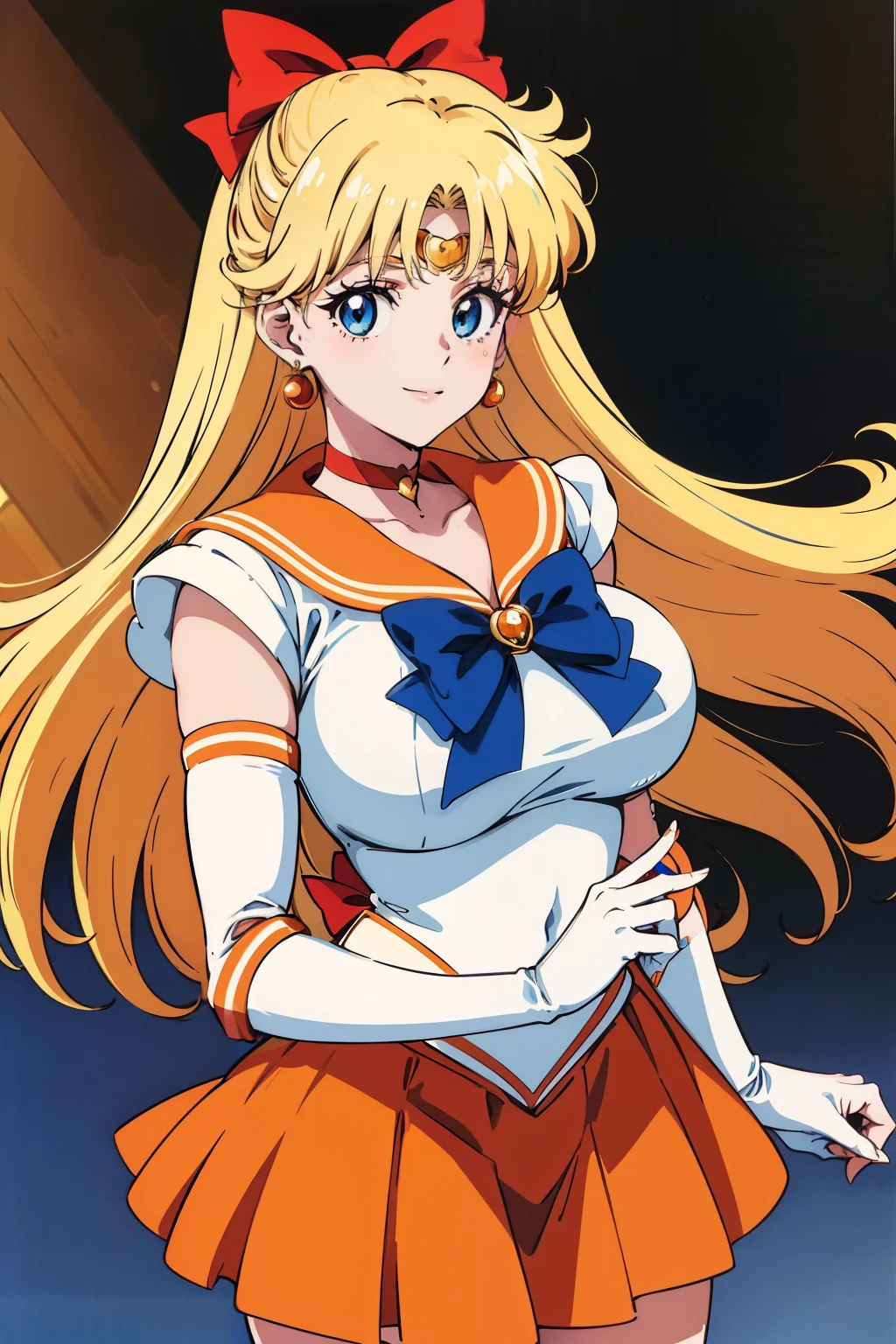 1990s \(style\), masterpiece, best quality, highres, venus1, 1girl, (huge breasts:1.4), solo, sailor senshi uniform, sailor venus, aino minako, blonde hair, magical girl, blue eyes, orange skirt, elbow gloves, tiara, pleated skirt, hair bow, orange sailor collar, miniskirt, choker, red bow, orange choker, white gloves, very long hair,  jewelry,  earrings, cowboy shot, smile