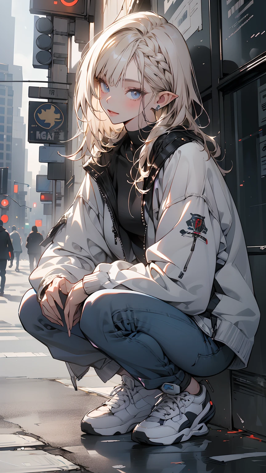 (1elf girl), (beauty elf girl), (ultra-high picture quality), masterpieces, casual scene, squatting beside a mini market, relaxed vibe, holding a beverage, She's dressed in a trendy techwear outfit, perhaps a stylish jacket and jeans, with comfortable sneakers, sunlight casting warm tones, street ambiance, urban setting, .Perfect body, (E-cup:1.2), overalls, light smile, fresh, (asymmetrical bangs:1.3), Braid Bun hair, short hair, highly detailed face and eyes, Perfect lips, (white blonde hair, Deep Blue Eyes:1.2),cyberpunk, sci-fi, (tech wear is pinky colour), digital art, Aesthetic, Cinematic Lighting, by Yusuke Murata.